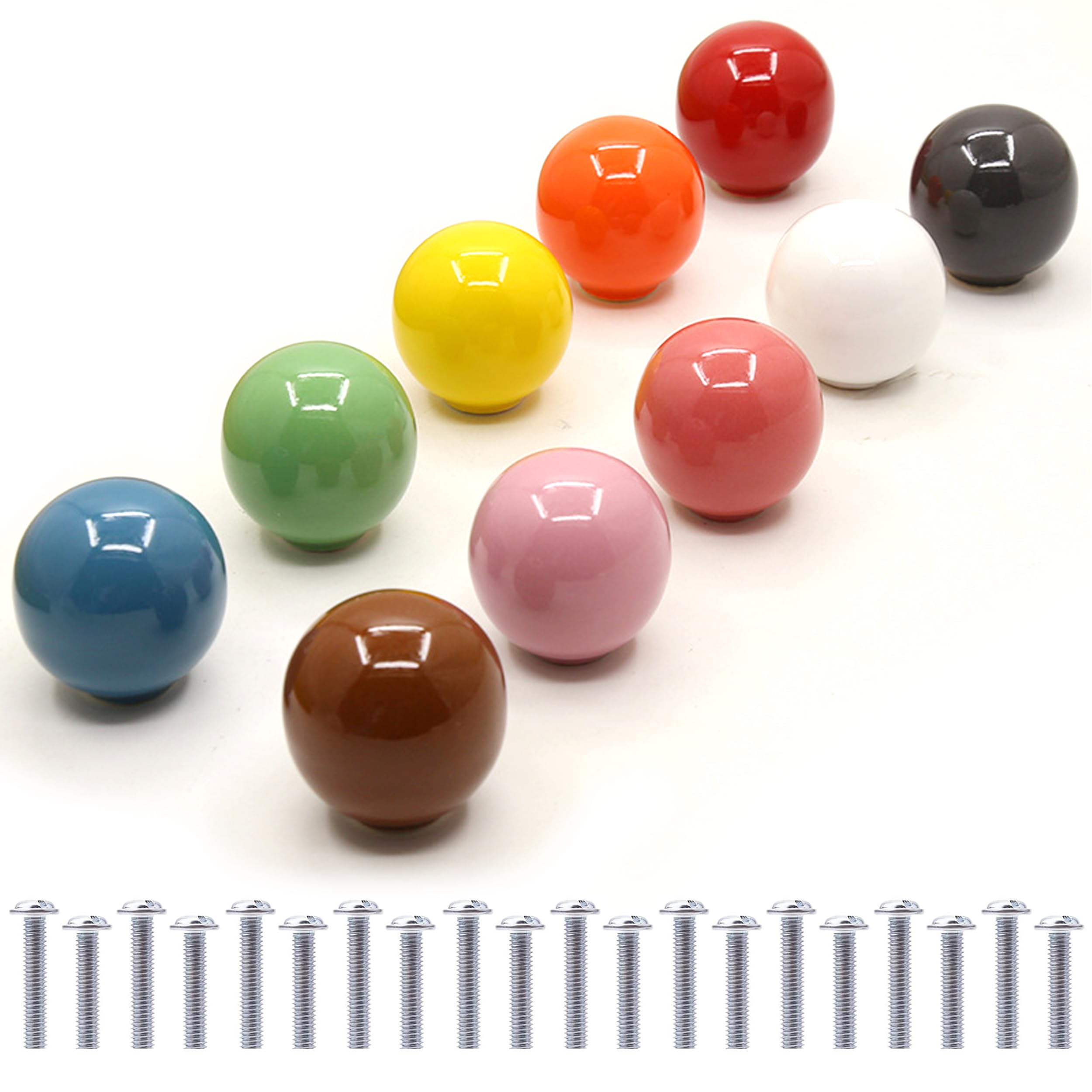 10 Pomelli Per Mobili In Ceramica Colorati, Sfera Liscia 33x35 Mm, Con Viti, Per Cucina, Bagno Bambini E Cassetti