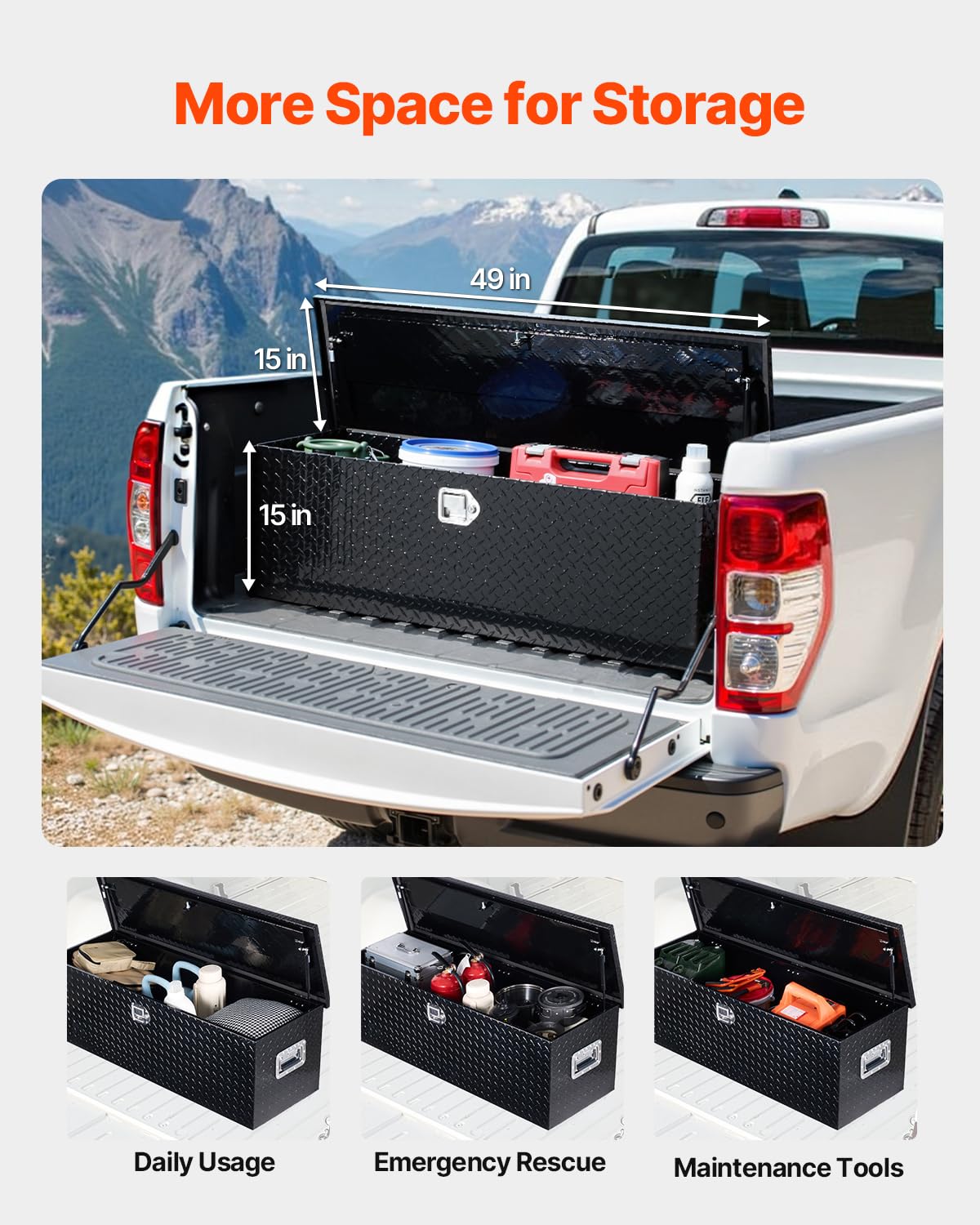 VEVOR Cassetta Portautensili in Alluminio per Cassone di Camion, con Piastra Diamantata, Maniglia Laterale e Chiavi di Blocco, Organizzatore per Rimorchi, Camper, 1244,6 x 381 x 381 mm, Nero