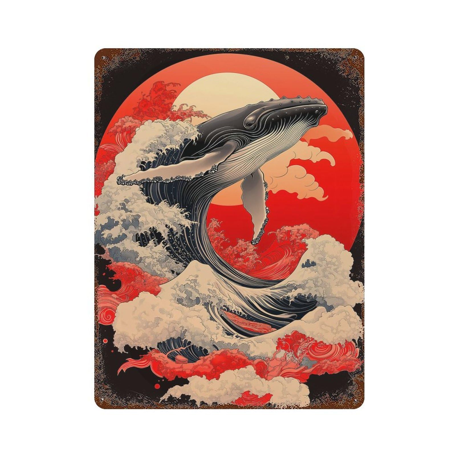 Whale And Red Sun Retro Metal Sign 15.7"x11.8", Farmhouse Wall Decor for Cafe, Home Bar And Lounge Decor