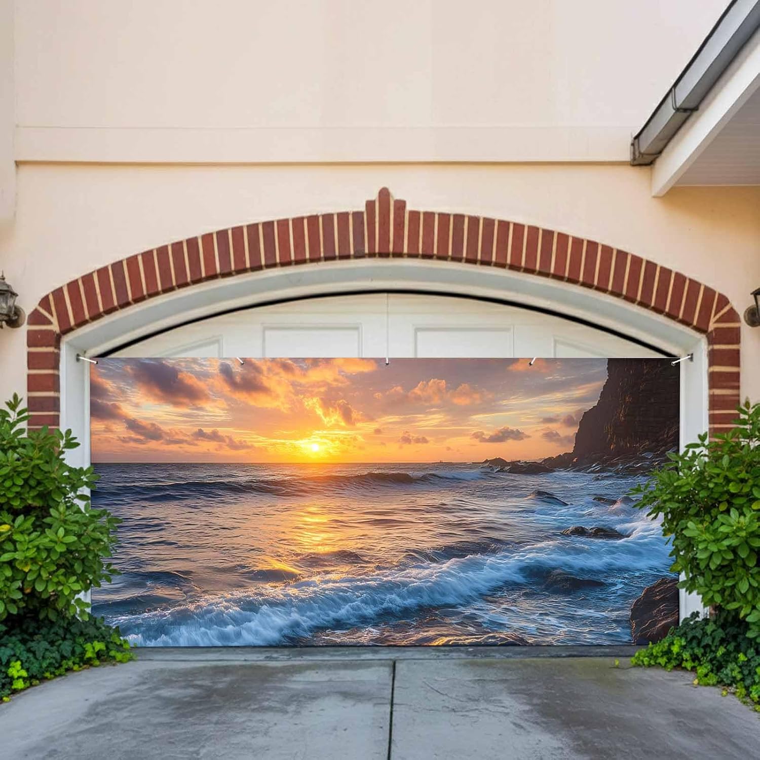 Garage Door Cover Banner 7x16 Ft, Beach Reef Garage Door Decorations for Christmas/Thanksgiving, Beach Sunset Ocean Waves Natural Scenery Large Hanging Backdrop Covers for Outdoor Holiday