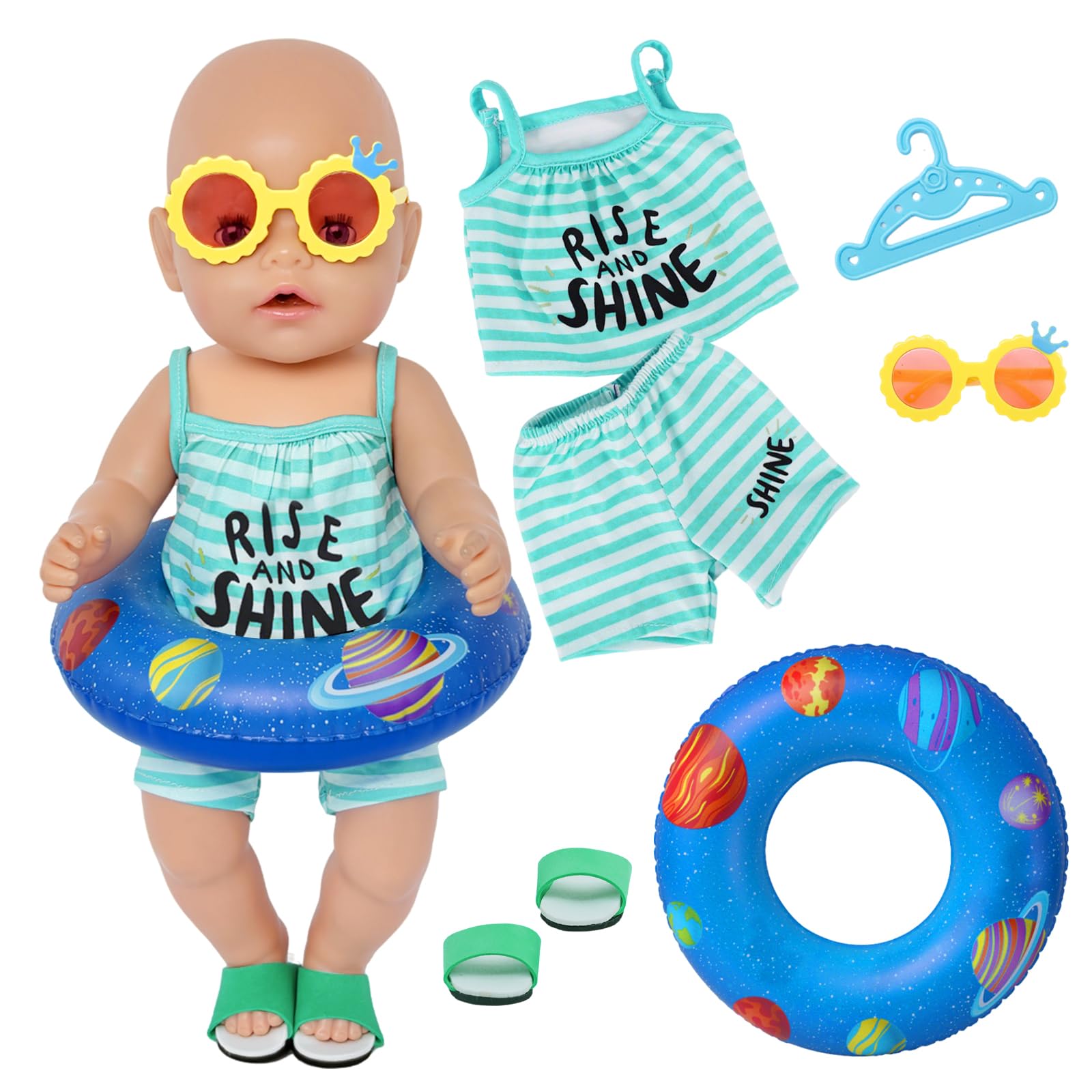 6-Teiliges Puppenkleidung 35–43 cm Sommer Set, Blau Weiß Gestreiftes Puppen Outfit mit Blauen Sandalen, Gelber Sonnenbrille, Blauem Schwimmring und Kleiderbügel