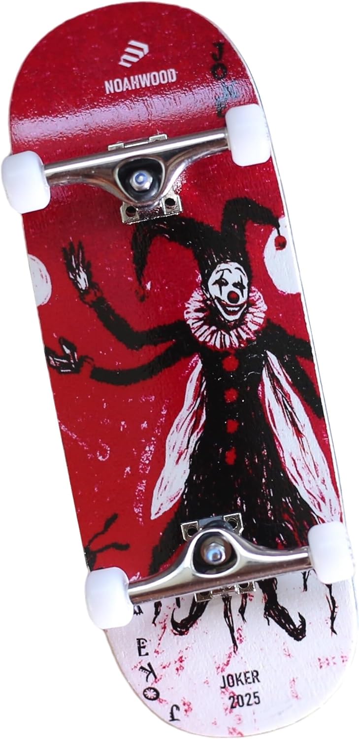 2025 Noahwood 15s PRO Fingerboard Complete (5-Layer Colour Maple Wooden Pro Concave 35 x 98mm Handmade Deck + 34mm Prince 3G Silver Truck + Crown White Wheels iii) Red Joker