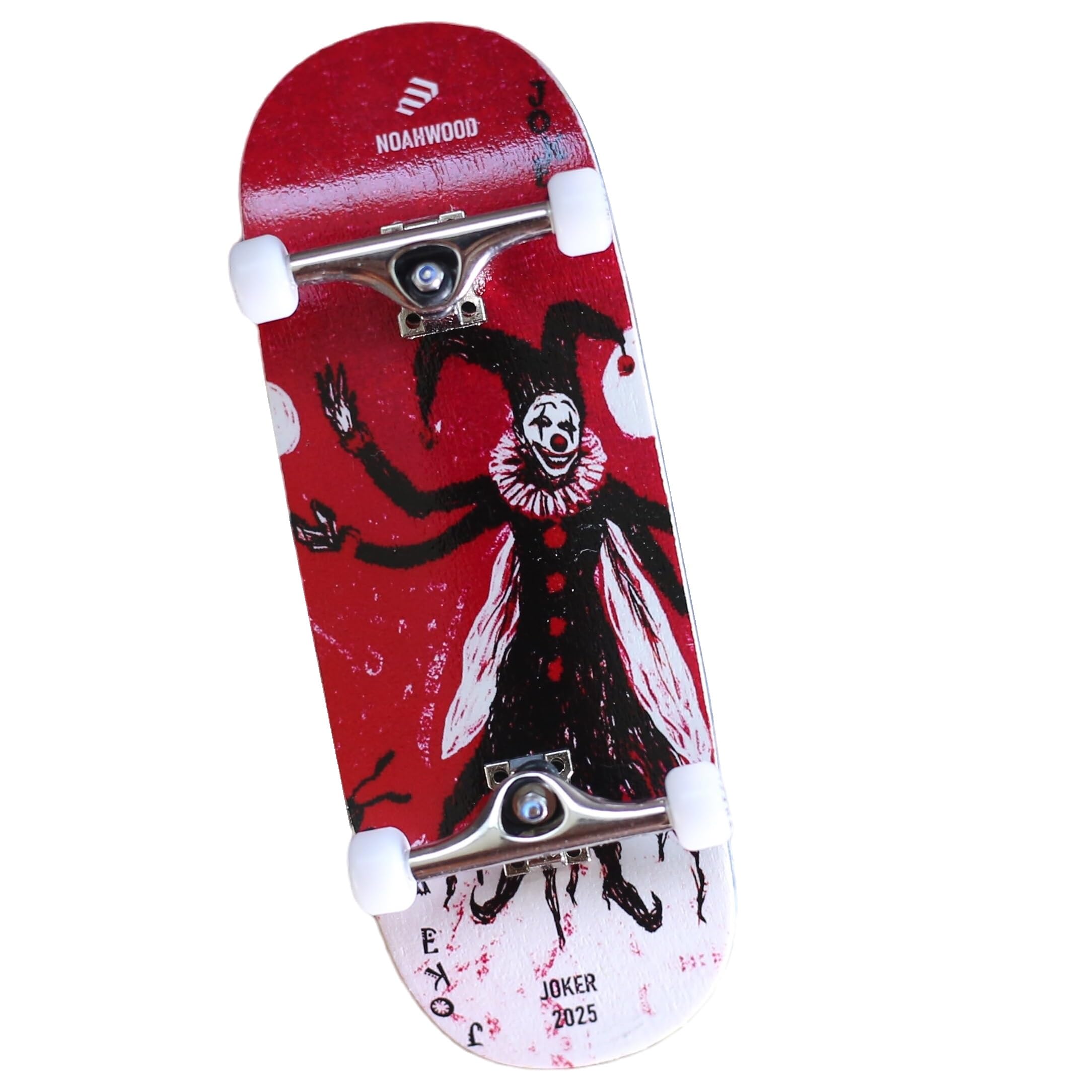 NOAHWOOD 2025 15s PRO Fingerboard Complete (5-Layer Colour Maple Wooden Pro Concave 35 x 98mm Handmade Deck + 34mm Prince 3G Silver Truck + Crown White Wheels iii) Red Joker