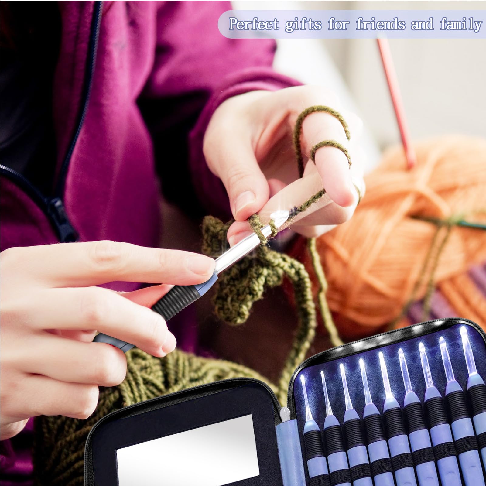 Chuangdi Juego de 9 agujas de ganchillo iluminadas con funda, luz LED, agujas de tejer para manualidades, agujas de tejer de hilo cómodo, mango suave para tejer, 2,5 mm-6,5 mm (morado)