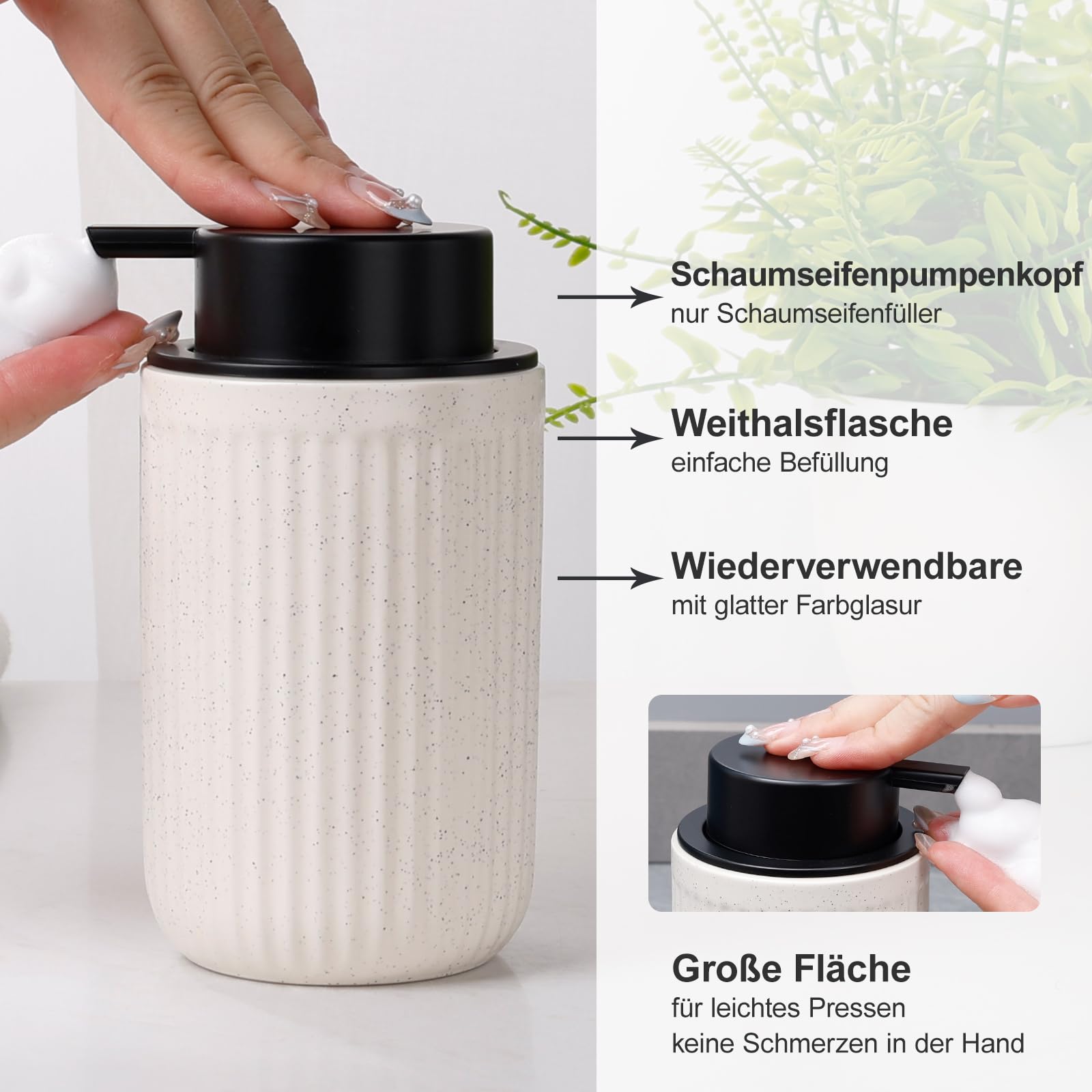Badezimmer Set Beige UMLACA Bad Zubehör Keramik 4-Teiliges Enthält 350ml Schaumseifenspender,Zahnputzbecher,Seifenschale,Wattestäbchen Behälter,Edle Badezimmer Deko