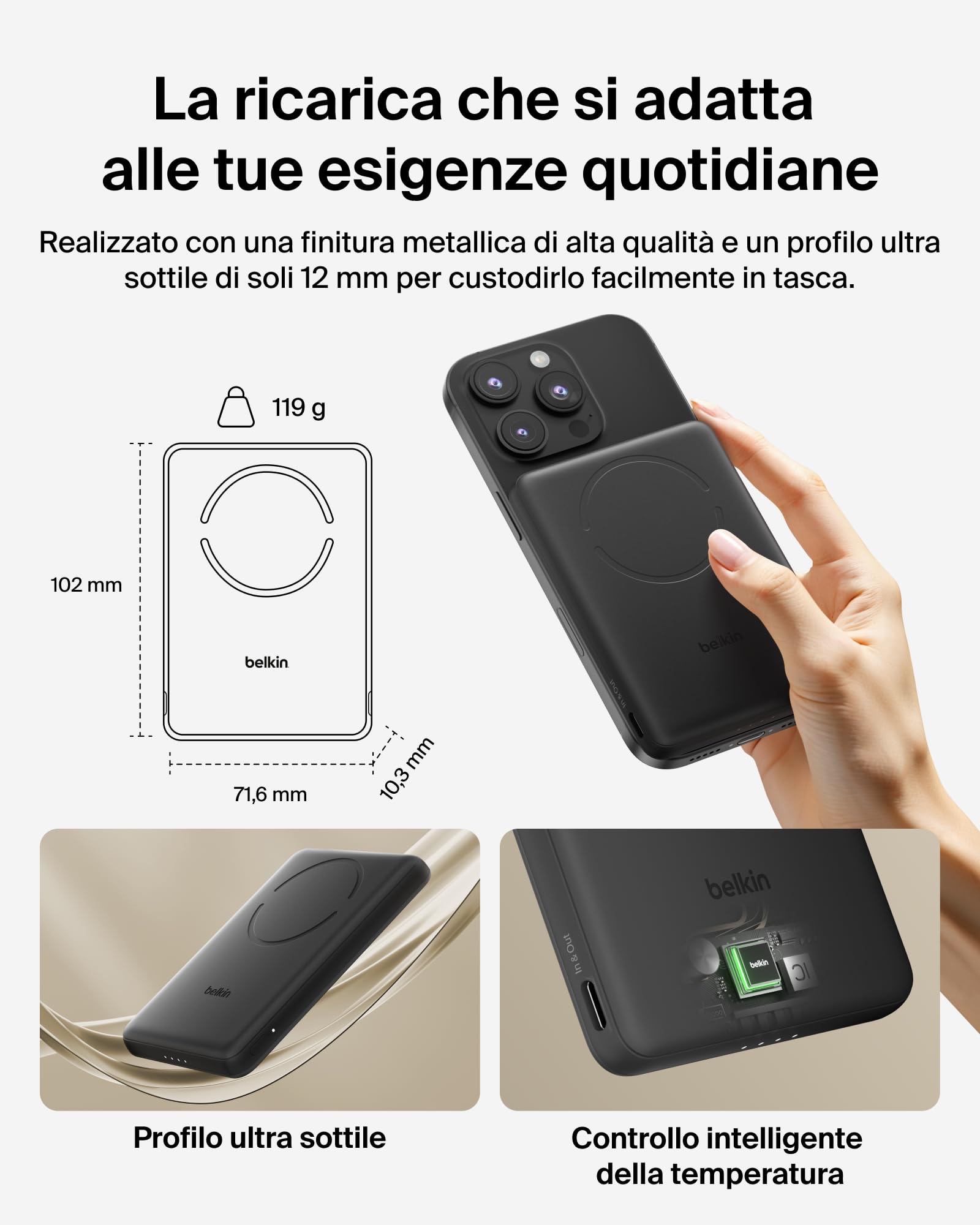 Belkin BoostCharge Power Bank Magnetico 5000mAh, Qi2 7.5W Caricatore Portatile Sottile con Anello Magnetico e Porta USB-C, Cavo USB-C Incluso, Power Bank per iPhone, Galaxy, Pixel, iPad e altro, Nero