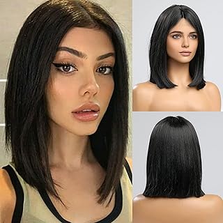 Short Straight Bob Wigs for Women Straight Synthetic Wig Natural Black Shoulder Length Wig Middle Part Lace Wig Heat Resistant Wigs for Women Cosplay Daily Party Use Wigs (12inch）