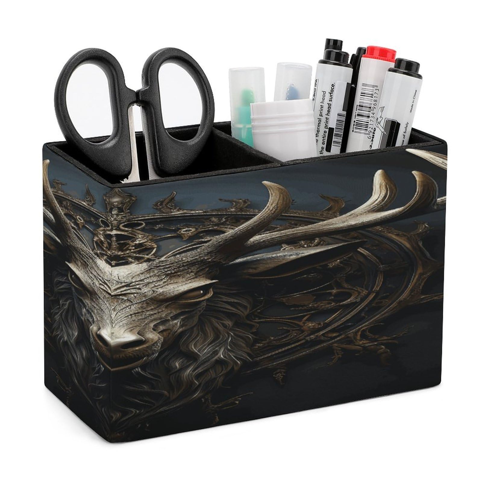 VstaDank Antlers Pencil Holder for Desk(Double Slots) Fashion Leather Pencil Cup Simple Rectangular Shape Pen Holder Multi-Functional Pen Cup for Home Office Supplies Storage