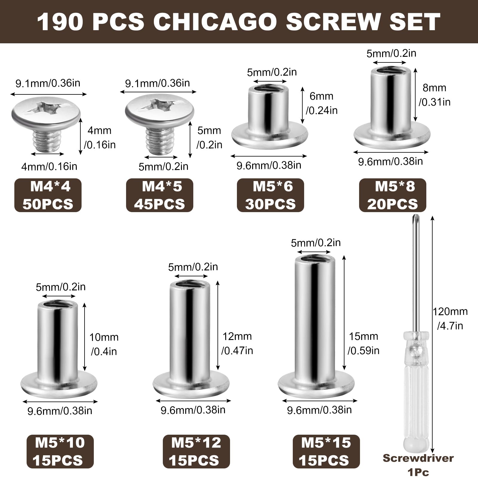 Amentalove 190PCS Chicago Screws, 5 Sizes Chicago Binding Screws Posts with Screwdriver - Image 2