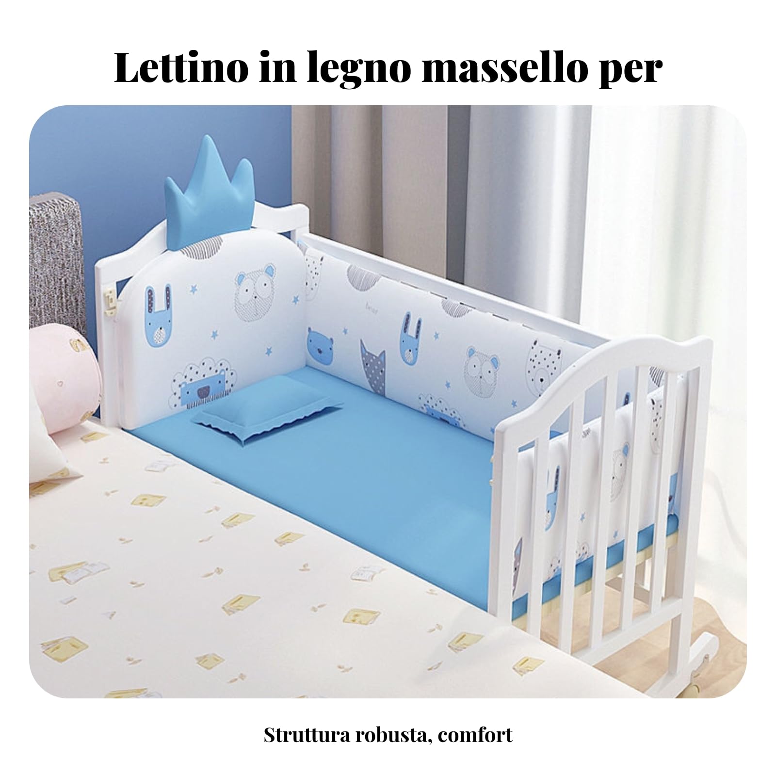 Culla Neonato Culla Letto Culla a Dondolo Lettino Bambini Legno con Struttura Stabile a Base Curva Scorrimento Materasso Coordinato Canopy Rete Ruote