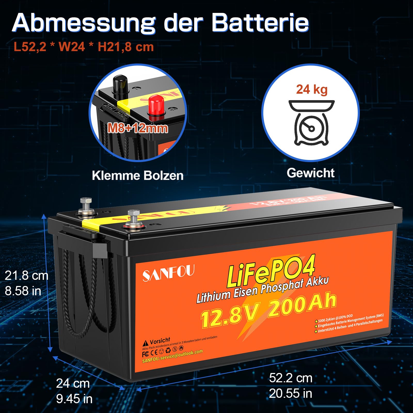 12V 200Ah LiFePO4 Batterie, 2560Wh Lithium Akku mit 100A BMS, 5000-15000 Mal Deep Cycle Batterien, Unterstützung 4S4P, perfekt als Stromquelle für Wohnmobile Camping