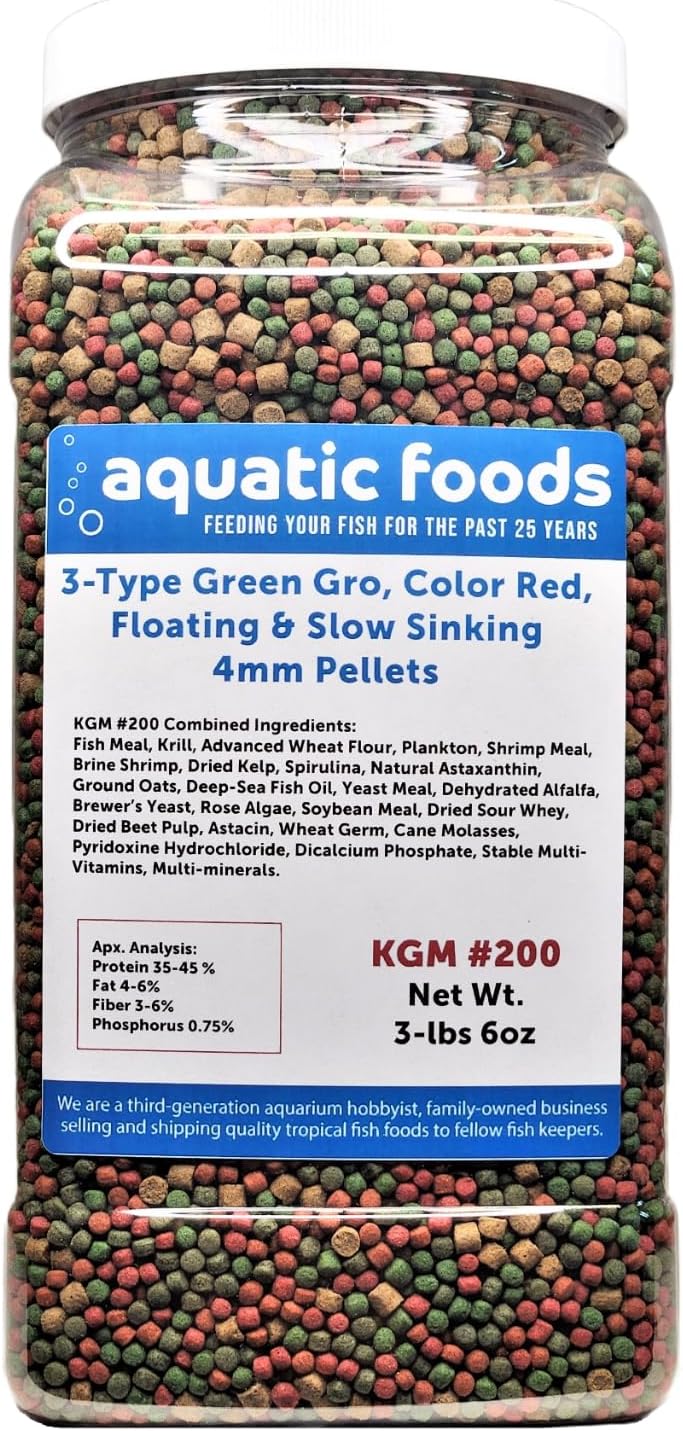 Aquatic Foods Inc. 3-Type Blend of 4mm Floating Green GRO & Color Red Floating Pellets & 40% Protein Slow Sinking 4mm Pellets for All Tropicals & Pond Fish. KGM-200…3-lb 6oz Lg Jar