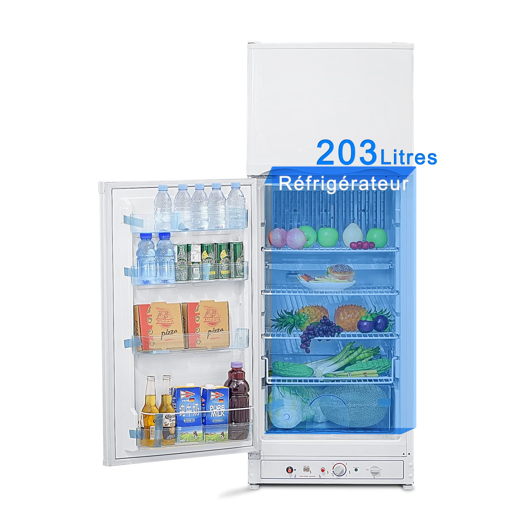 Smad Gas Kühlschrank mit Gefrierfach, Gas/230V, Leiser Kühlschrank, Kühl-Gefrierkombination (203L+62L), für Gîte, Garage, Camping, Wohnmobil, 265L, Weiß