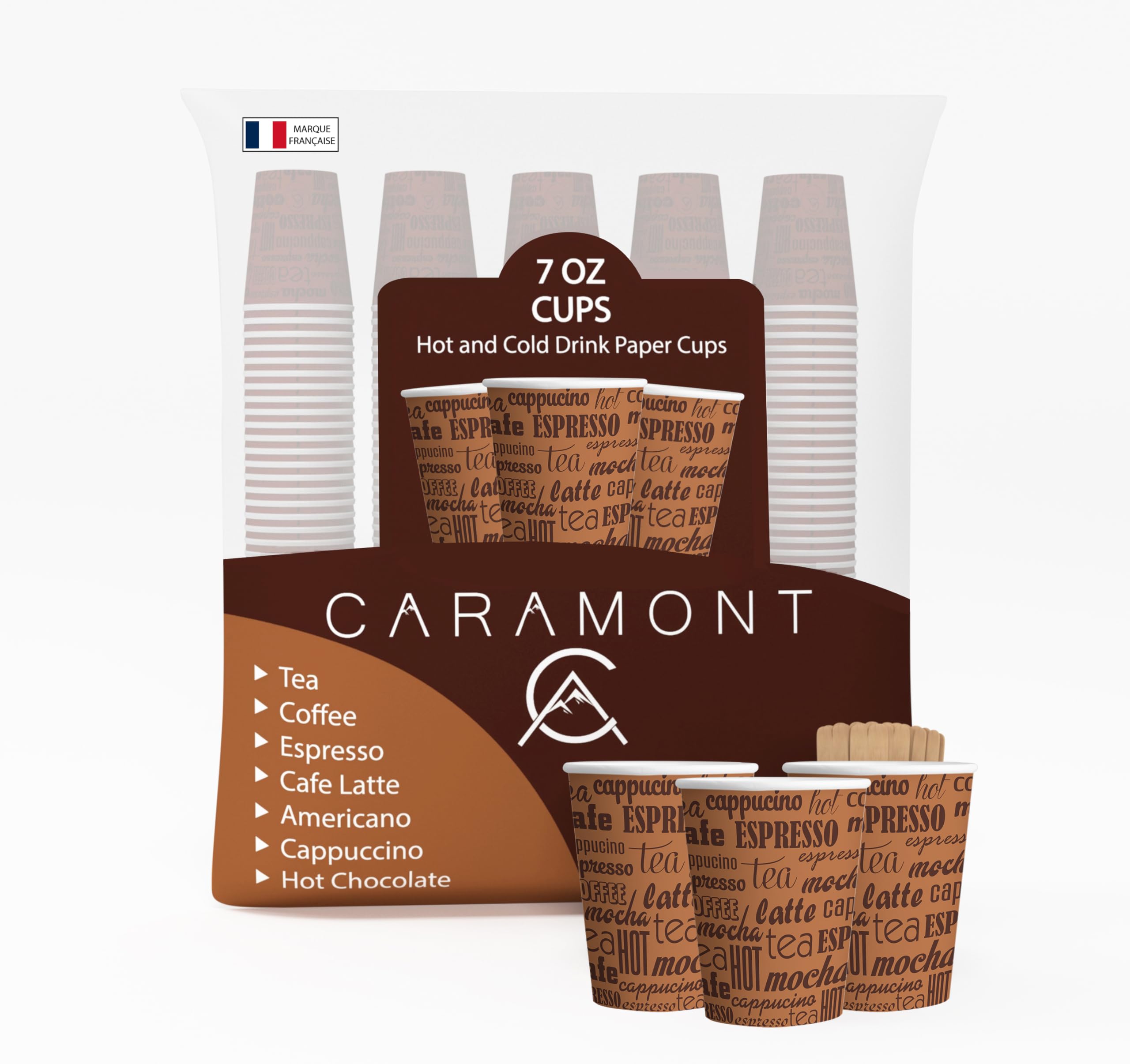 Gobelets en carton Caramont 7 oz avec agitateurs bois pour boissons chaudes x400
