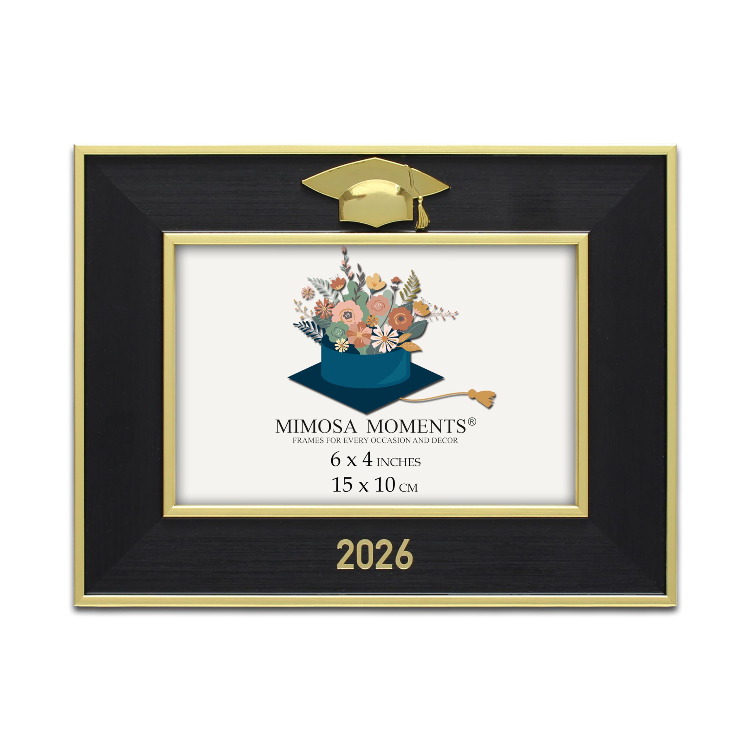 MIMOSA MOMENTS Class of 2026 Graduation Picture Frame, Black & Brass-Tone 4x6 Frame with 3D Gold Cap Icon & Foil 2026", Tabletop Easel Display