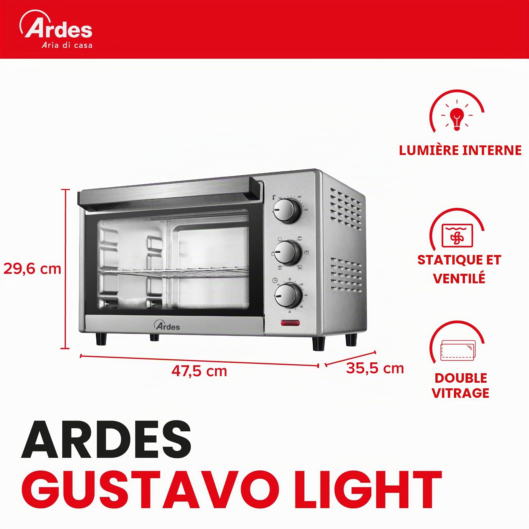 ARDES - AR6225S Four électrique ventilé Capacité de 25 litres avec lumière interne 6 fonctions Cuisson Minuterie Double vitrage avec accessoires Magnus, Argent