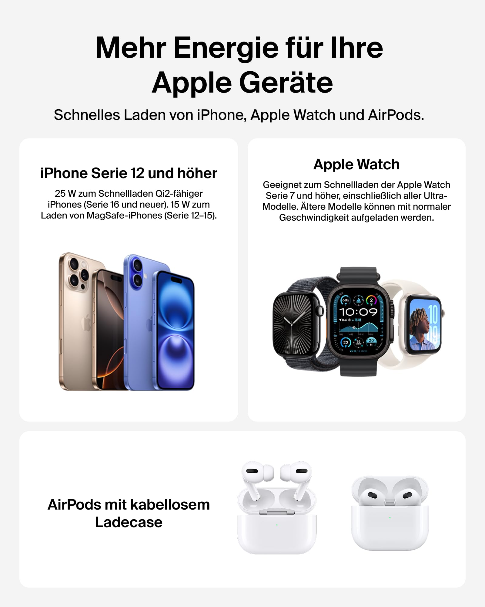 Belkin UltraCharge 3-in-1 Ladestation mit Qi2, 25W, MagSafe Kompatibel, Induktive Ladestation für iPhone 17, iPhone Air, Apple Watch, AirPods, 45W Adapter - Schwarz