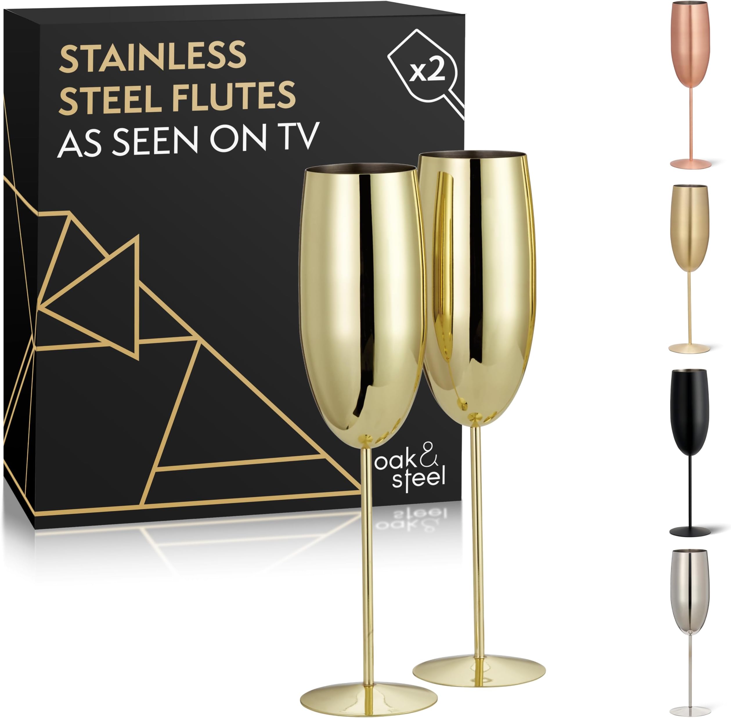 Oak & Steel - Set of 2 Gold Champagne Flutes (10 oz) Stainless Steel Stemmed Champagne Glasses for Mimosa, Prosecco, Toasting, Gift for Bride & Groom, Wedding, Christmas, Valentines, Anniversary