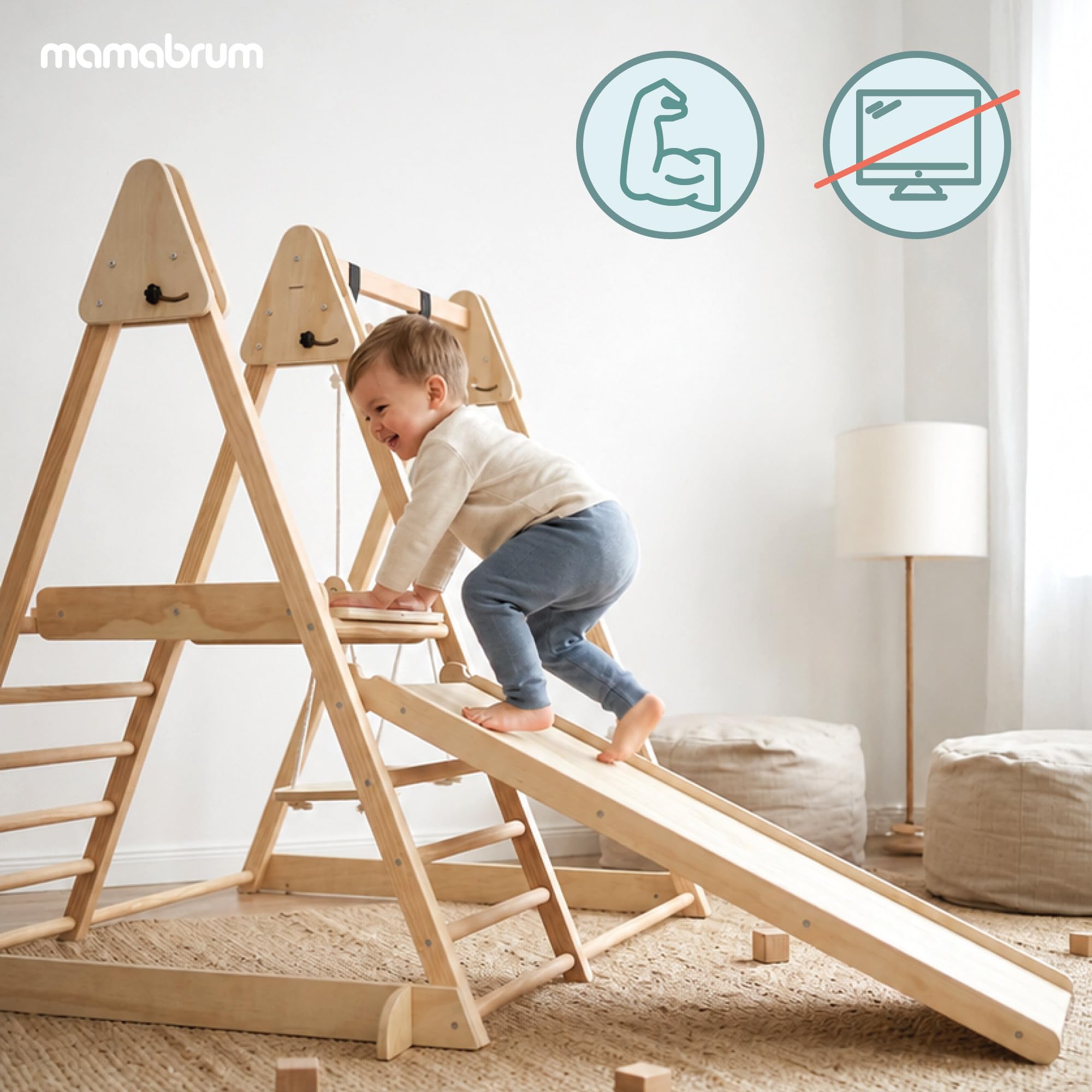 Mamabrum Indoor Spielplatz aus Holz 3in1 mit Rutsche, Kletterwand und Schaukel, klappbares Montessori Bewegungsset aus Buche, 118 x 105 x 119,5 cm, ab 3 Jahren