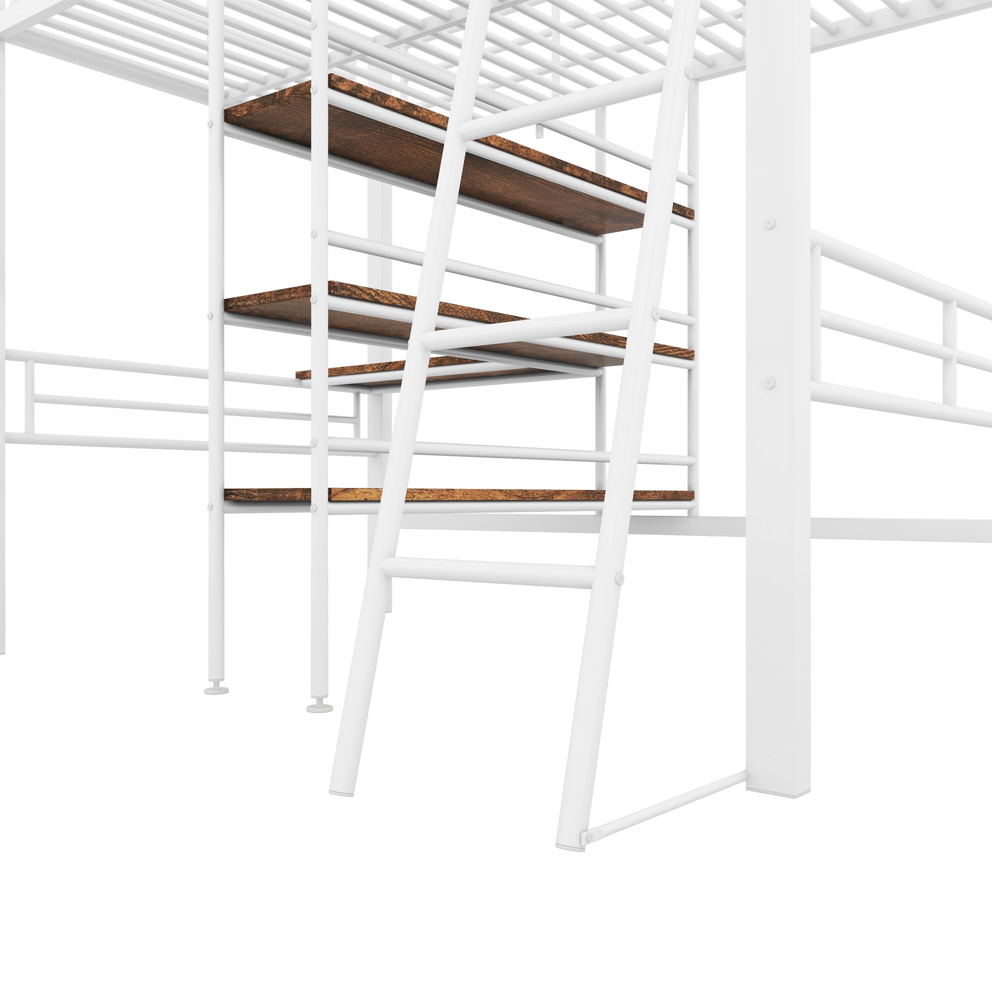 Azkoeesy Letto a soppalco 90 x 200 cm, con scrivania e ripiani portaoggetti, scale inclinate, letto singolo in metallo, con ringhiera, per adolescenti e adulti, bianco