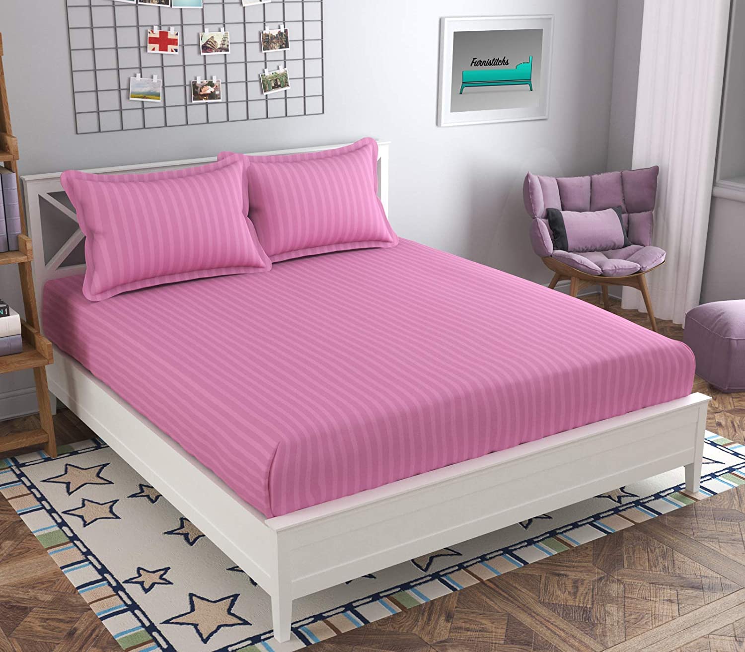 Rj ProductsElastic Fitted Stripes King Size Bedsheet with 2 Pillow Covers (Pink)