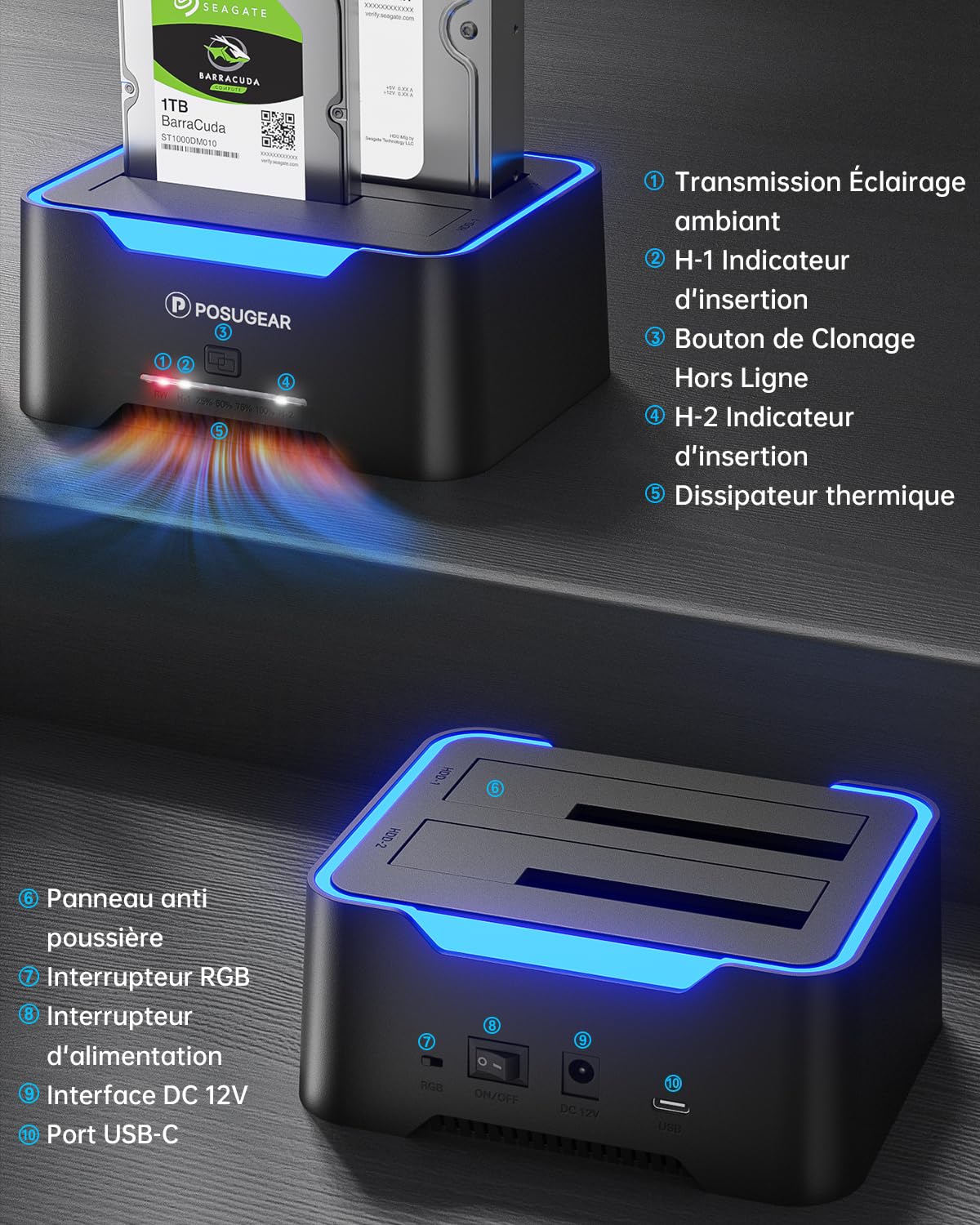 POSUGEAR Dock Disque Durs, USB3.0 Station d'accueil Disque Dur pour 2,5 et 3,5 Pouces SATA HDD/SSD Jusqu'à 40 to, Fonction clonage Hors Ligne Prend en Charge UASP Double Baie