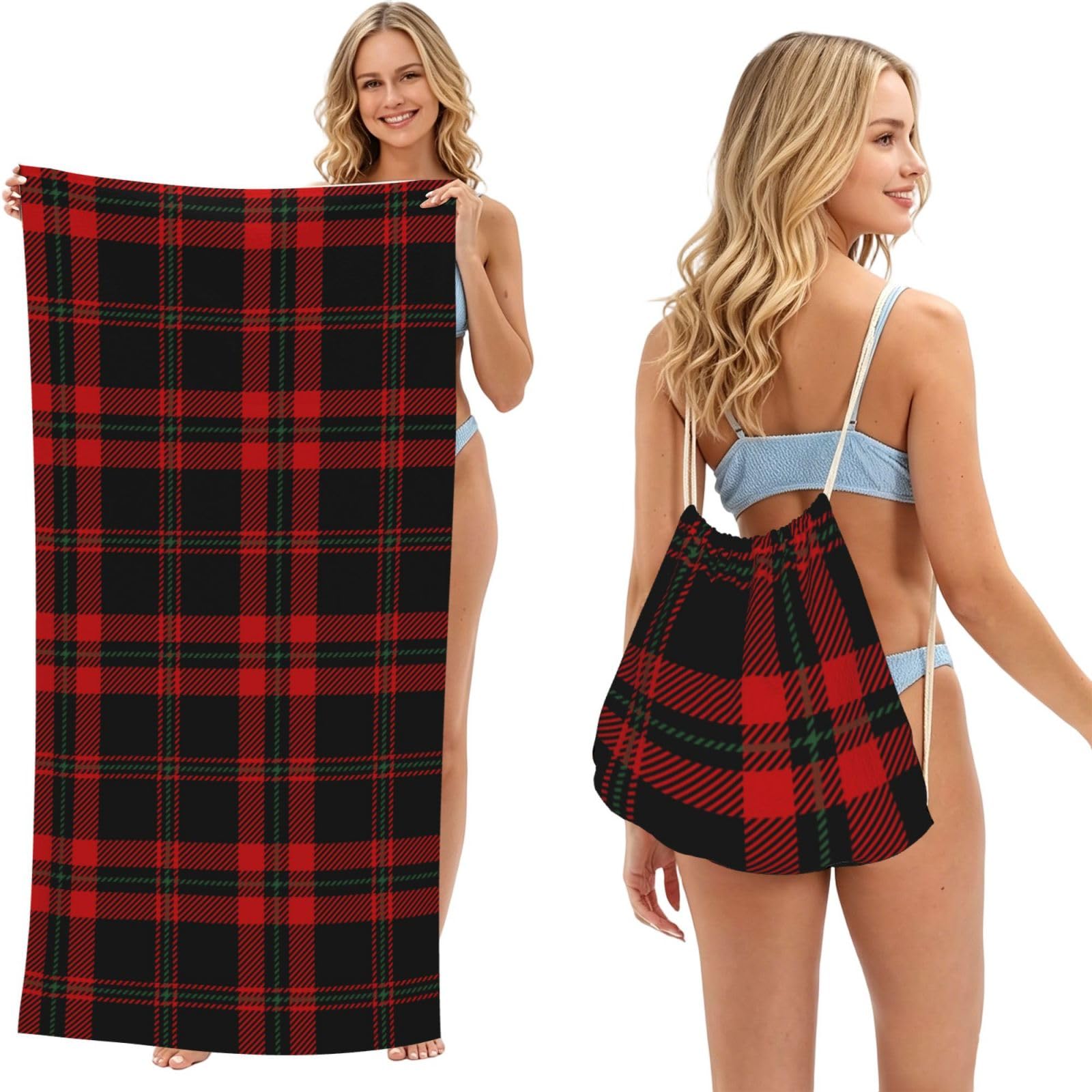 Poadnly As Picture Tartan Plaid Scottish, 2 In 1 Packable Towel Bag, Beach Towels With Drawstring Backpack For Travel Holiday Camping