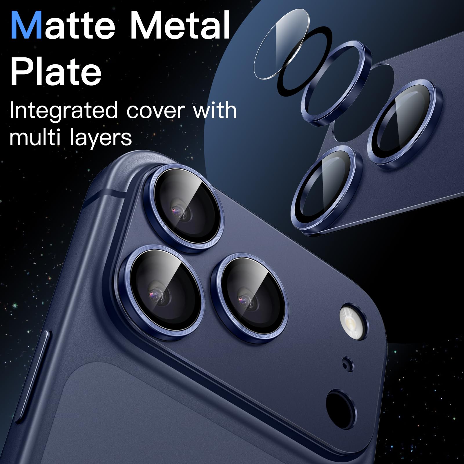 JETech Pellicola Fotocamera per iPhone 17 Pro Max 6,9 Pollici, Copertura Totale 9H Vetro Temperato Anello Cover, Piastra in Metallo Opaco, Compatibile con Cover, Pacco da 1 (Blu profondo)