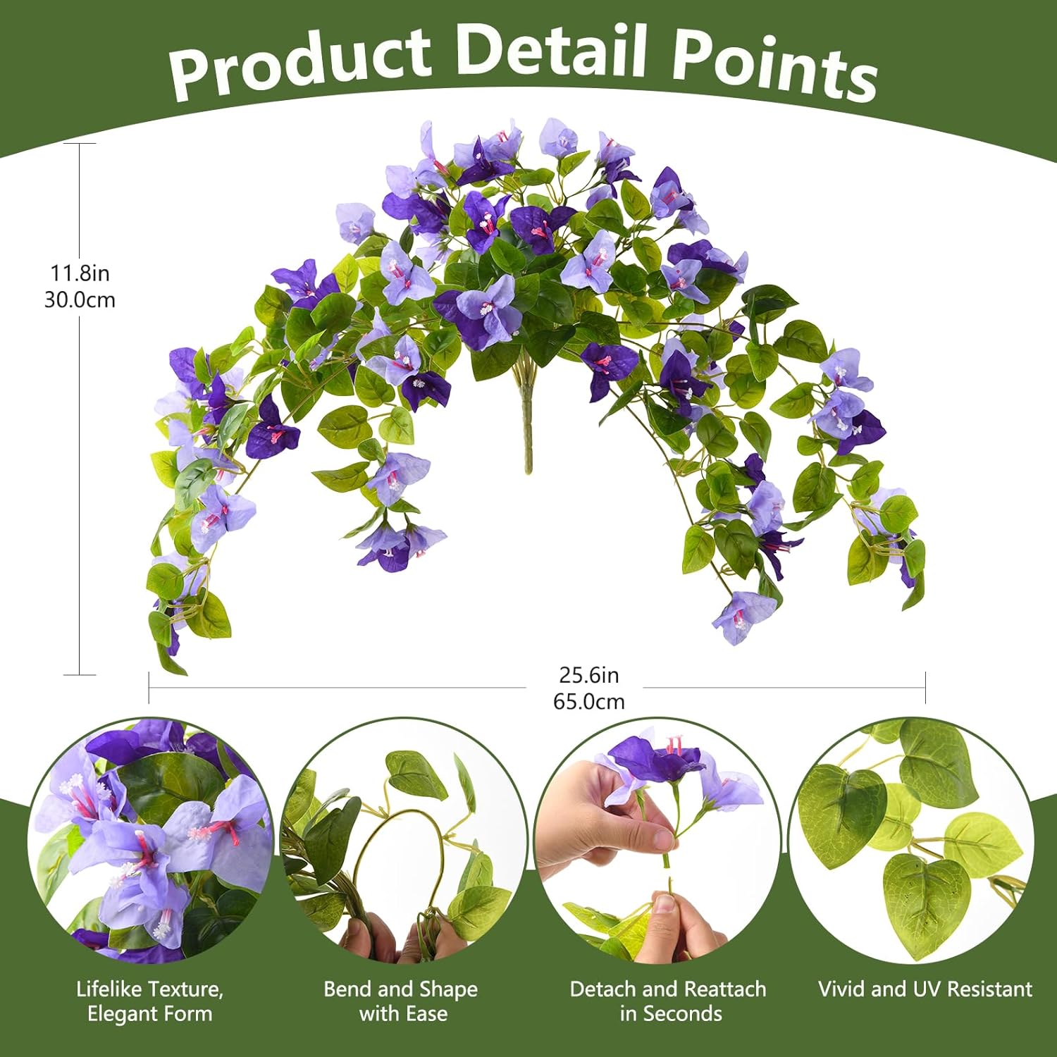 Homsunny Artificial Fake Flowers Plants for Outdoor Decoration, 2 Pcs Faux Silk Flower Bougainvillea Vines Look Real UV Resistant for Home Porch Patio Balcony Yard Spring Decor(Purple) - Image 2