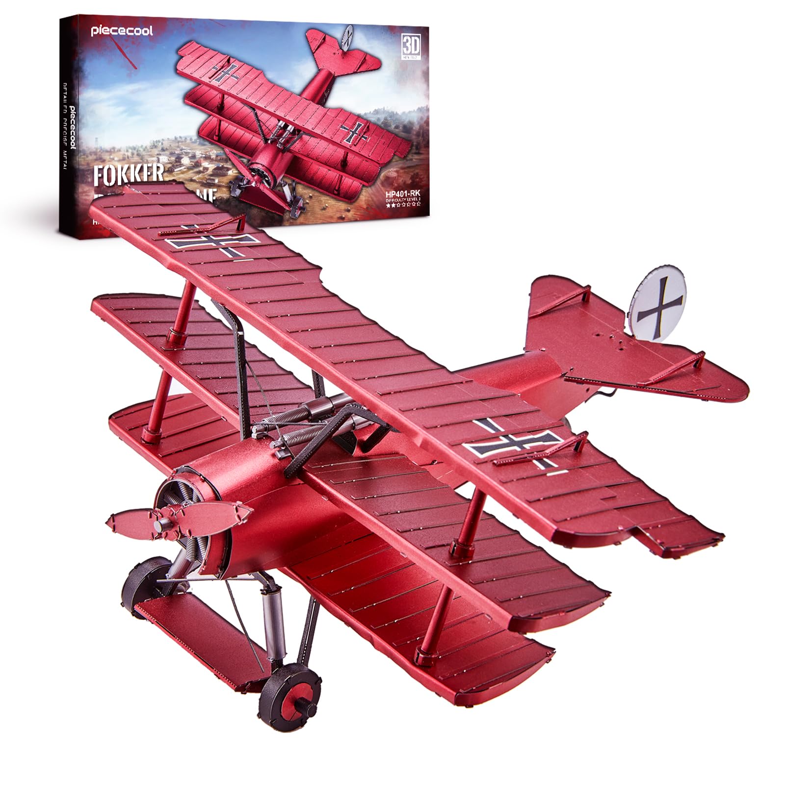 Piececool Puzzle en métal 3D Fokker Dr.I Triplane du Baron Rouge, Kits de Modèle pour Adultes à Construire, Acier Inoxydable 304, Assemblage requis, Pas de Colle Requise, Niveau de difficulté 2