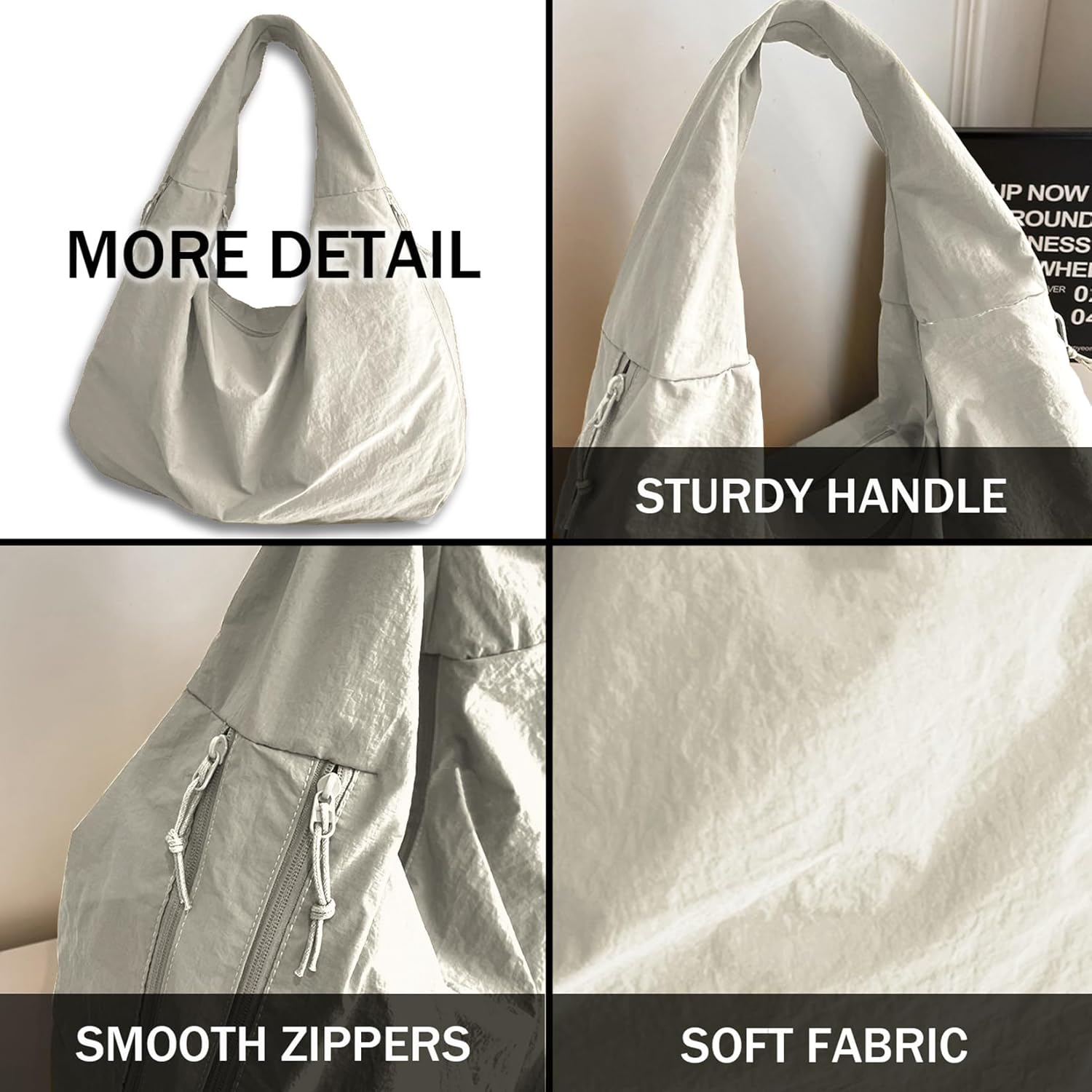 Slouchy Tote Bag Nylon Solid Pleated Handbag Large Hobo Bags for Women Multipockets Crescent Shoulder Bag - Image 4