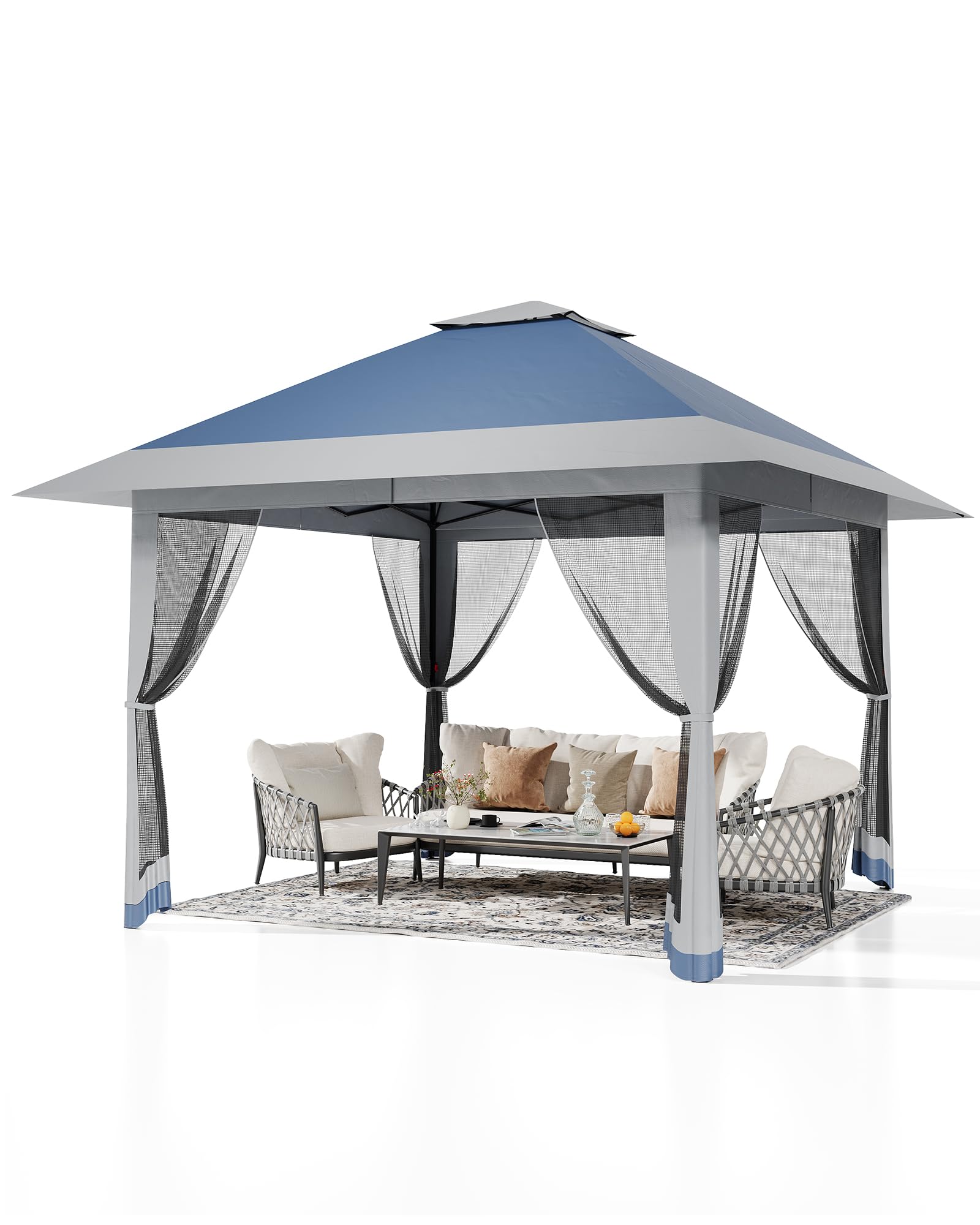 Canopy Tent 13x13 ft, Pop Up Gazebo One-Push Setup with 4 SandBags for Backyard Parties and BBQs, Mosquito Netting & Height Adjustable - E