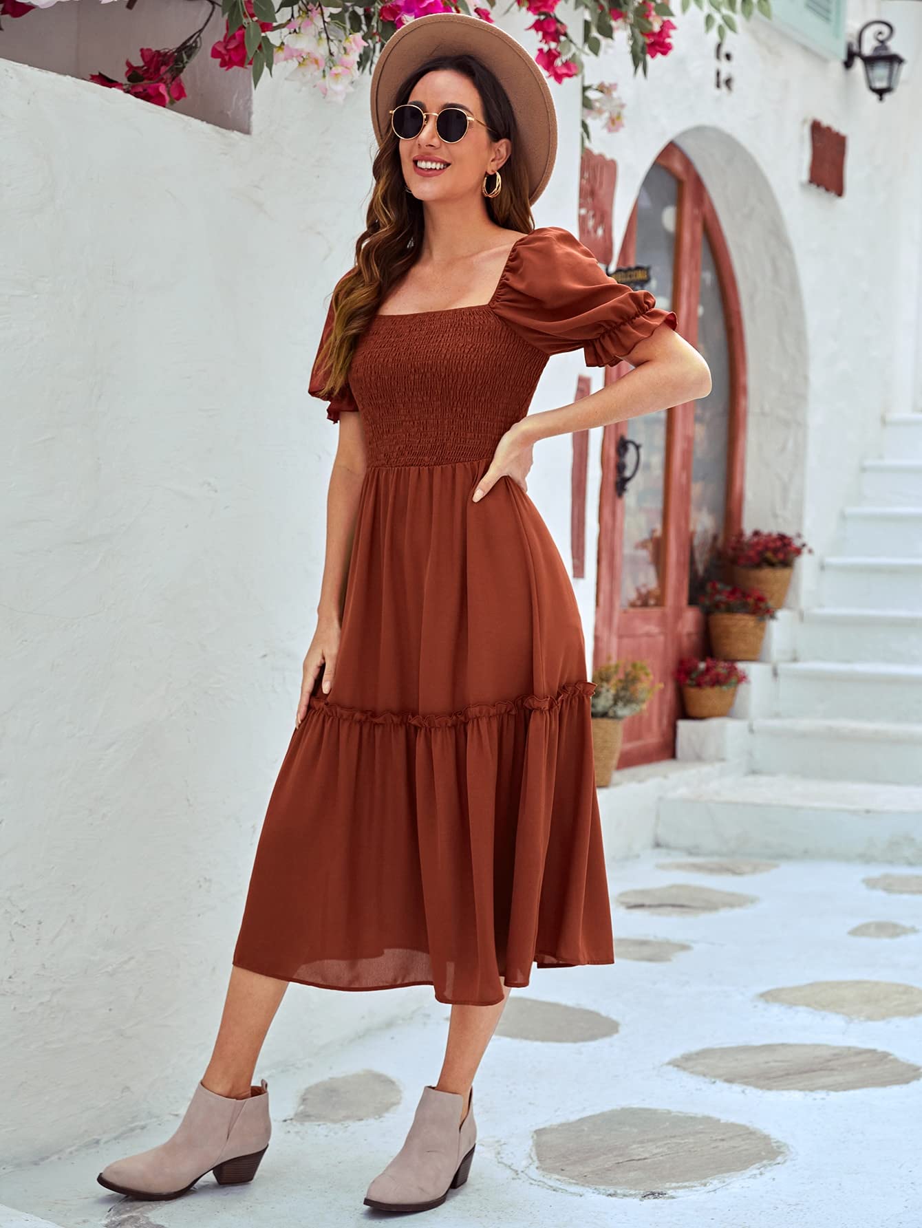 Amazon.com: Women's Dresses 1pc Square Neck Puff Sleeve Ruffle Hem Dress  Dress for Women (Color : Rust Brown, Size : Medium) : Clothing, Shoes &  Jewelry