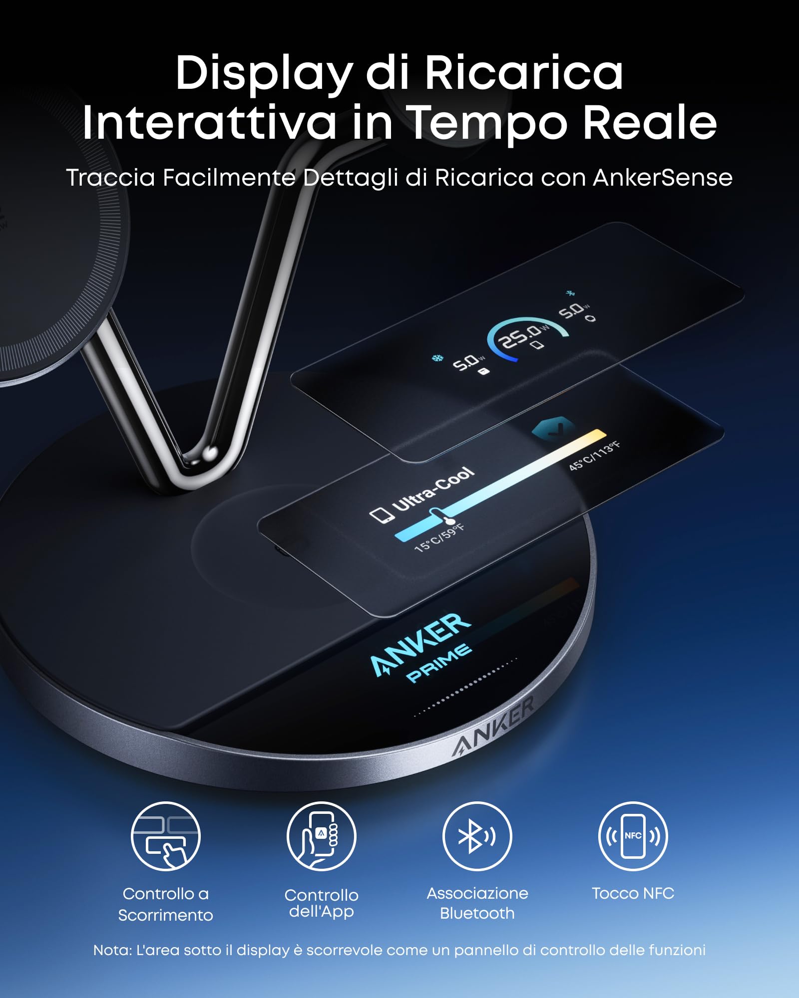 Anker Prime MagSafe Caricatore Stazione di Ricarica 3 in 1, Certificato Qi2 25 W, Compatibile MagSafe, Smart Display e Raffreddamento Attivo TEC, per iPhone 17 Pro Max/Serie 16-12/Apple Watch/AirPods
