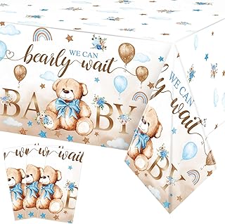 Tegeme Bear Baby Shower Tablecloths Plastic Bear Table Cover We Can Bearly Wait Tablecloth for Kids Birthday Party Baby Shower Decorations, 54 x 108 Inch (Brown Blue,3 Pack)