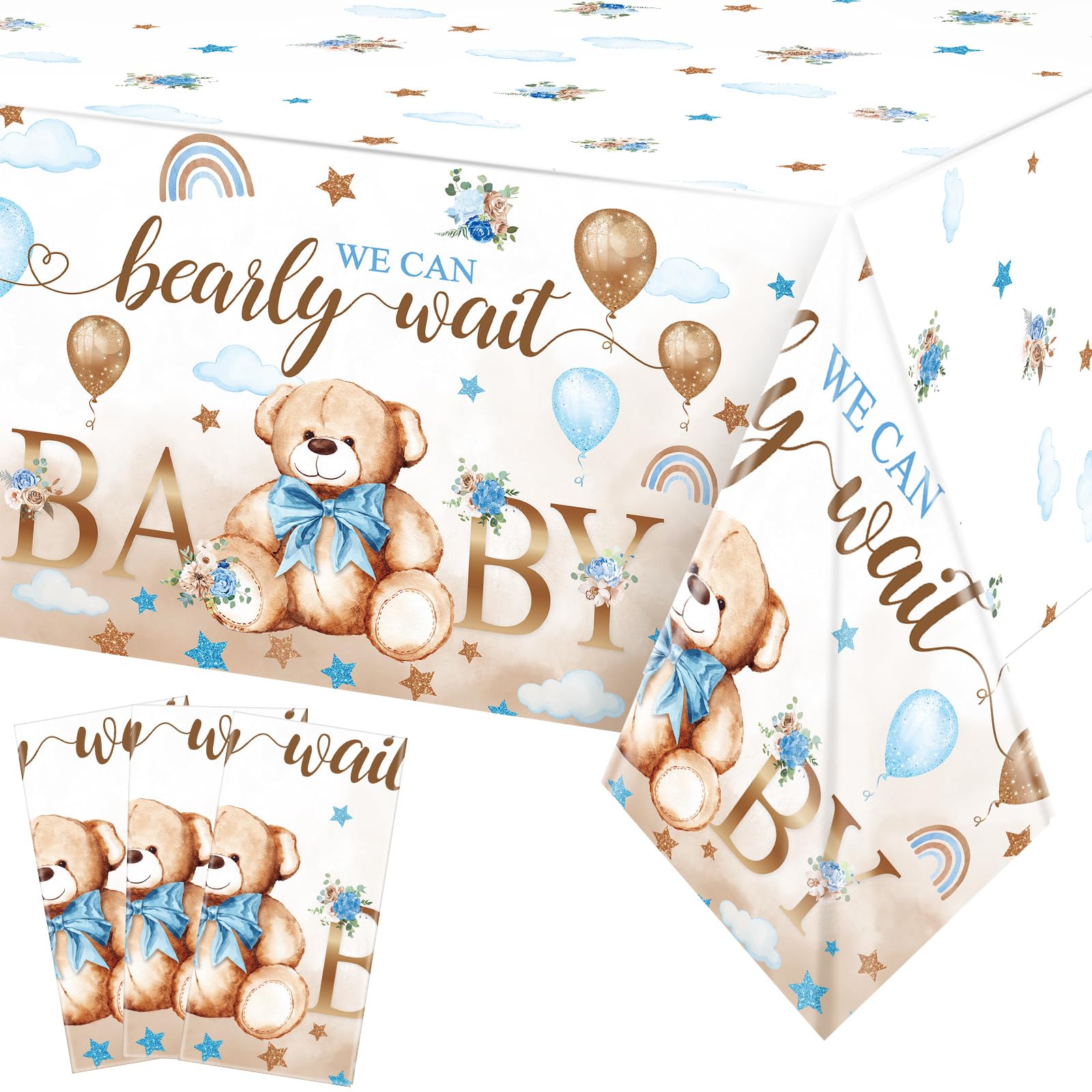 Tegeme 3 Pack Bear Baby Shower Tablecloths 54 x 108 Inch, Brown Blue