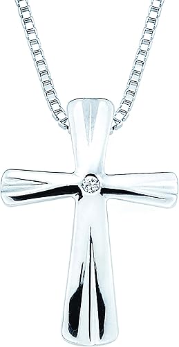 Boston Bay Diamonds Sterling Silver Diamond Cross Religious Pendant Necklace with 18" Chain