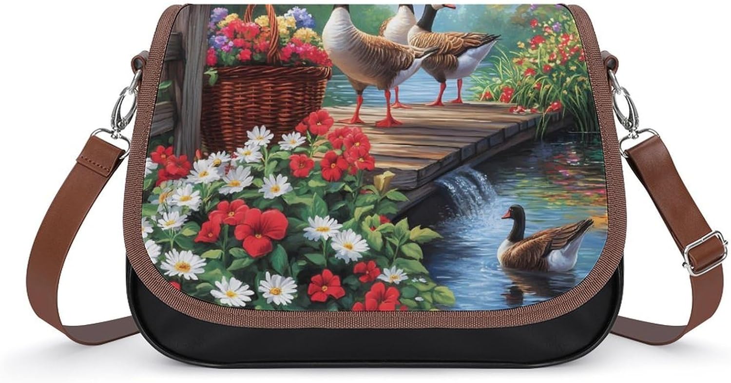 USA Flag Goose Flower Women's Crossbody Bags Leather Messenger Handbag Small Shoulder Bag Purse