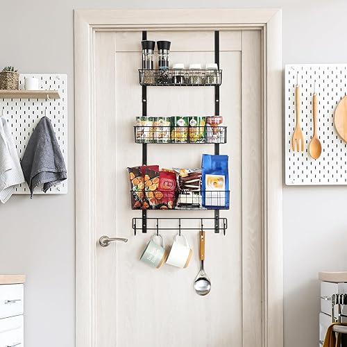 Miniatura 5 de Organizador de despensa de 3 niveles para colgar sobre la puerta, estante de almacenamiento de metal sobre la puerta con 3 cestas y 5 ganchos para