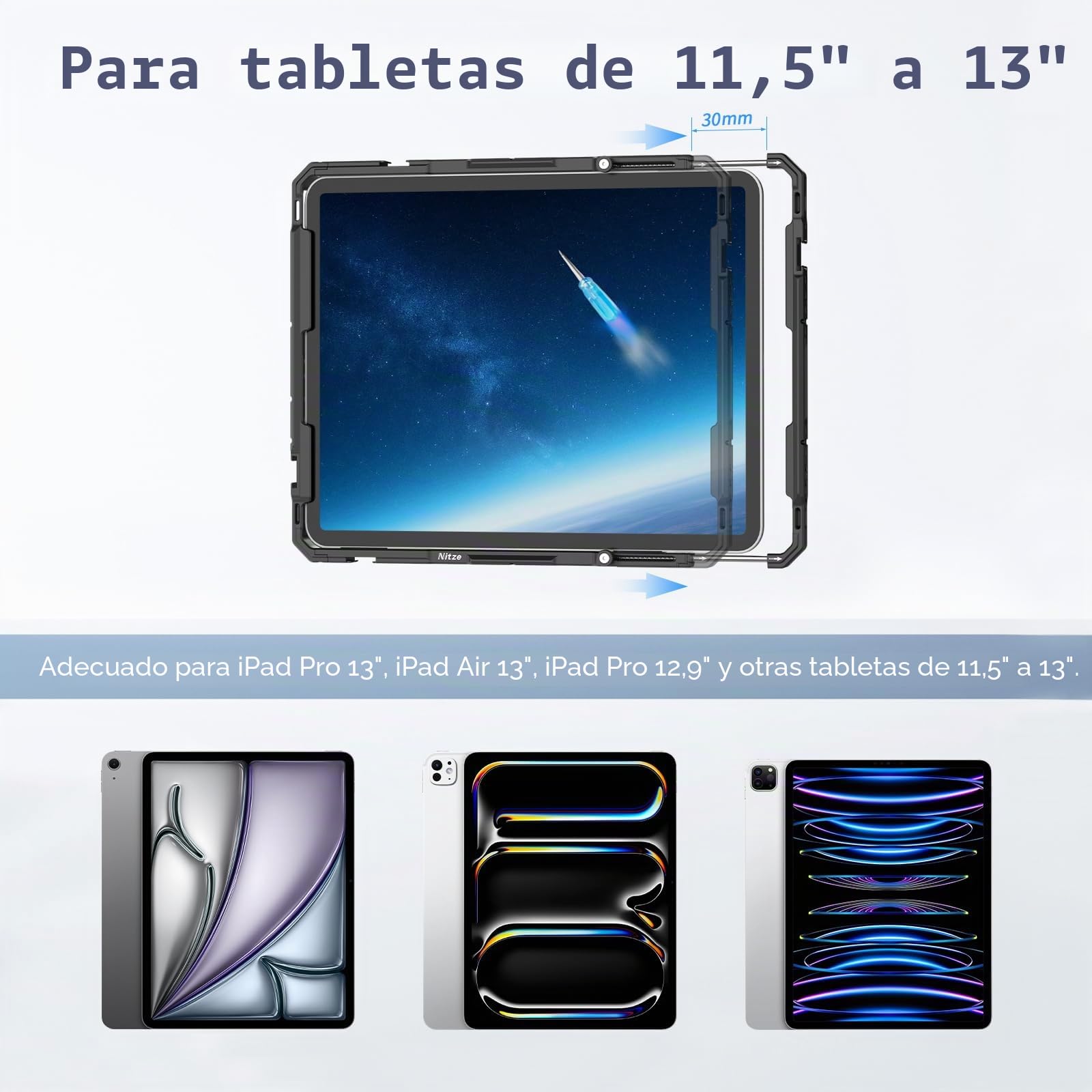 Nitze Tablet Jaula Cage para iPad Pro 13" M5/M4, iPad Air 13" M4/M3/M2, iPad Pro 12.9" 6/5/4/3 Generación y Otras Tabletas de 11.5" a 13" - T-TC02A