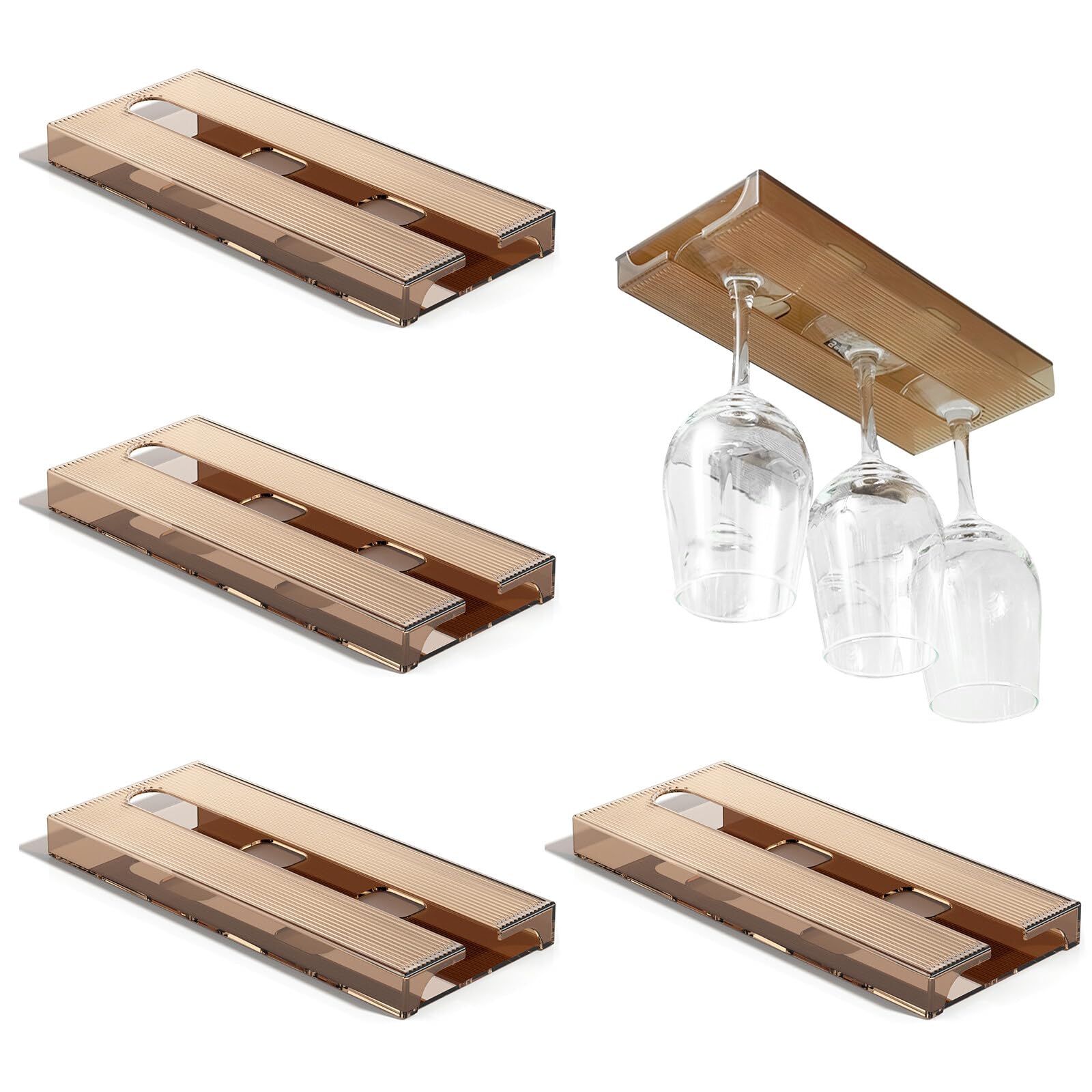 Geoyien Colgador copas, 4 Soporte copas colgante, Cuelga copas, Soporte para copas de vino, soporte colgante para copas altas, no requiere perforación, gran capacidad de carga (Marrón, 25,8*11*2,4cm)