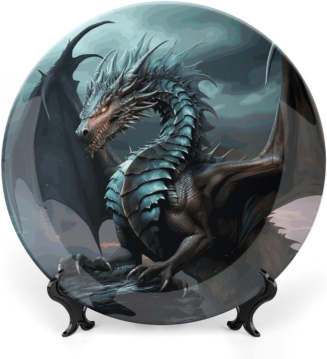 Cool Dragon Bone China Decorative Plate with Display Stand, Ceramic Ornaments Plate for Wall Hanging, Personalized Porcelain Plates for Office, Living Room 8inch