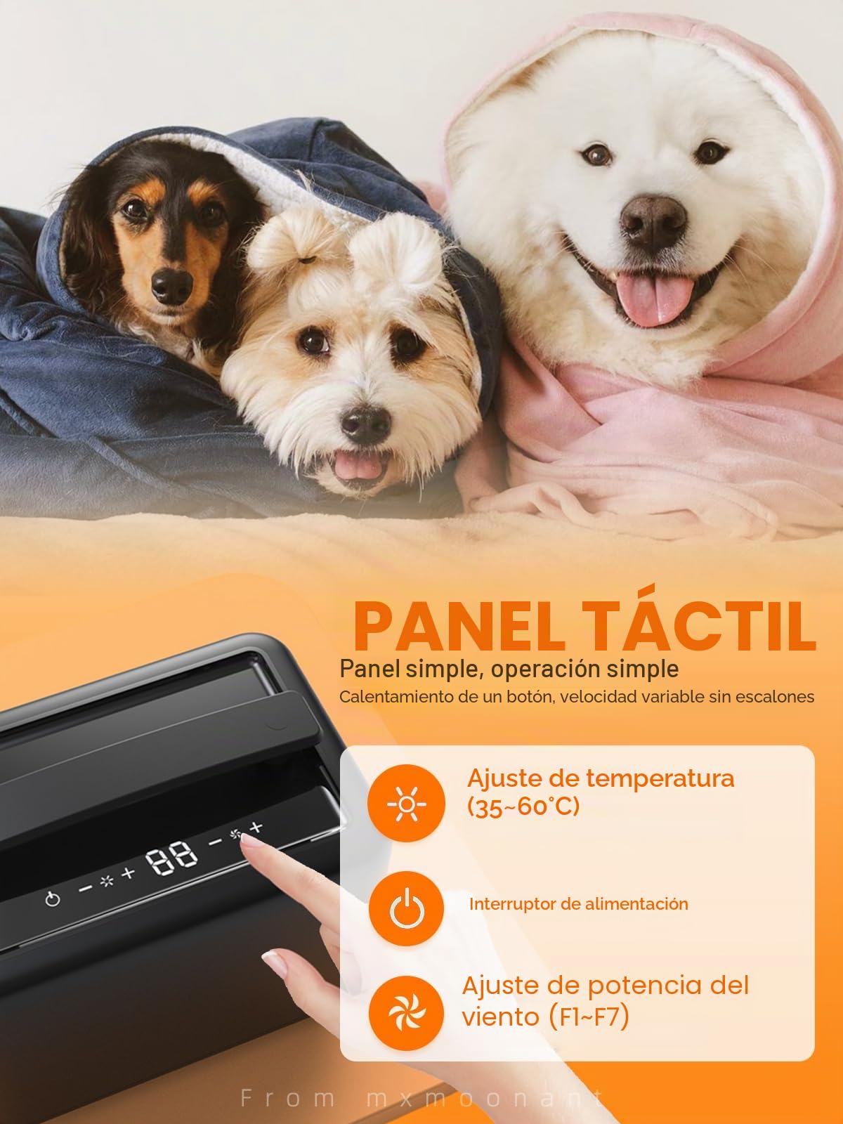 Mxmoonant Set 3-en-1 cuidado pelaje perro: aspiradora, secador, cortapelo | velocidad y temperatura regulables, 7 accesorios, bolsa y toalla incluidas