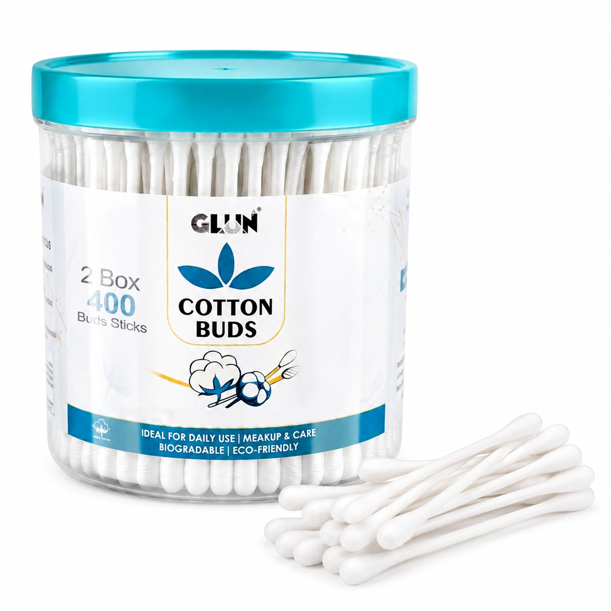 GLUN® Safety Cotton Ear Cleaning Buds, Pack of 2 (200 Buds), Large Tips for Cleaning Earwax, Makeup Remover for Newborn Babies, 100% Organic Cotton-image-3
