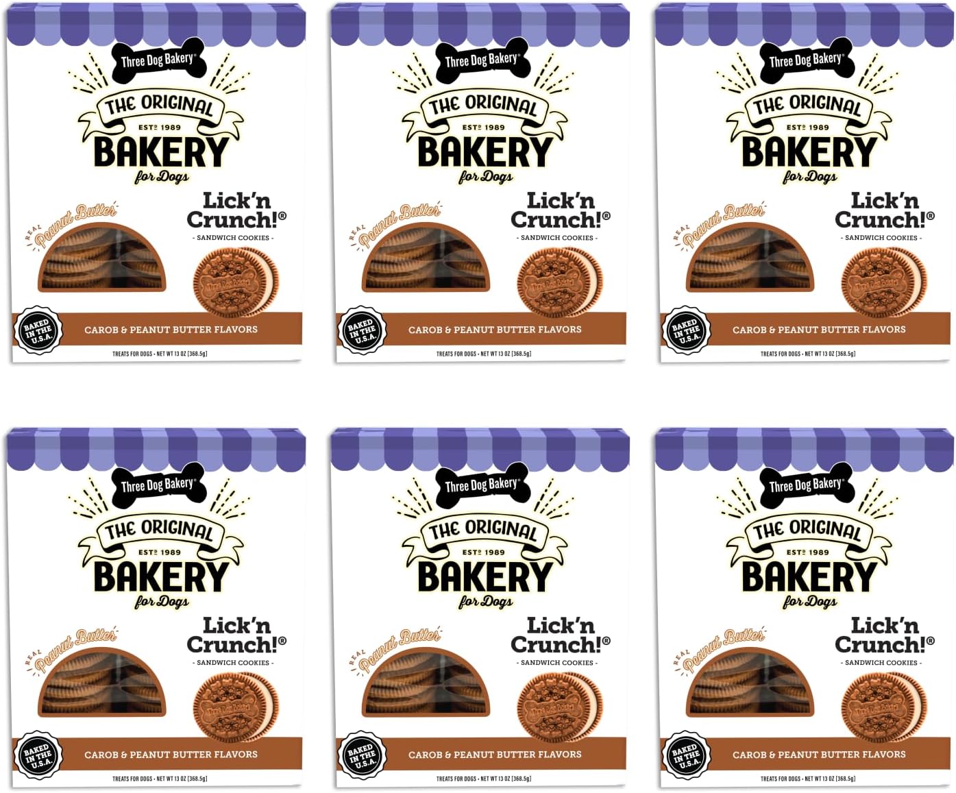 Three Dog Bakery Lick'n Crunch Baked Dog Treats, Carob and Peanut Butter Flavor, 13 Ounce Box, 6-Pack (114059)