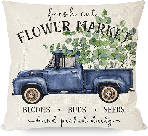 Miniatura 7 de PANDICORN Juego de 4 fundas de almohada de primavera de 16 x 16 pulgadas, hojas de eucalipto, florero azul verde, camión Bless This Home, juego de 4