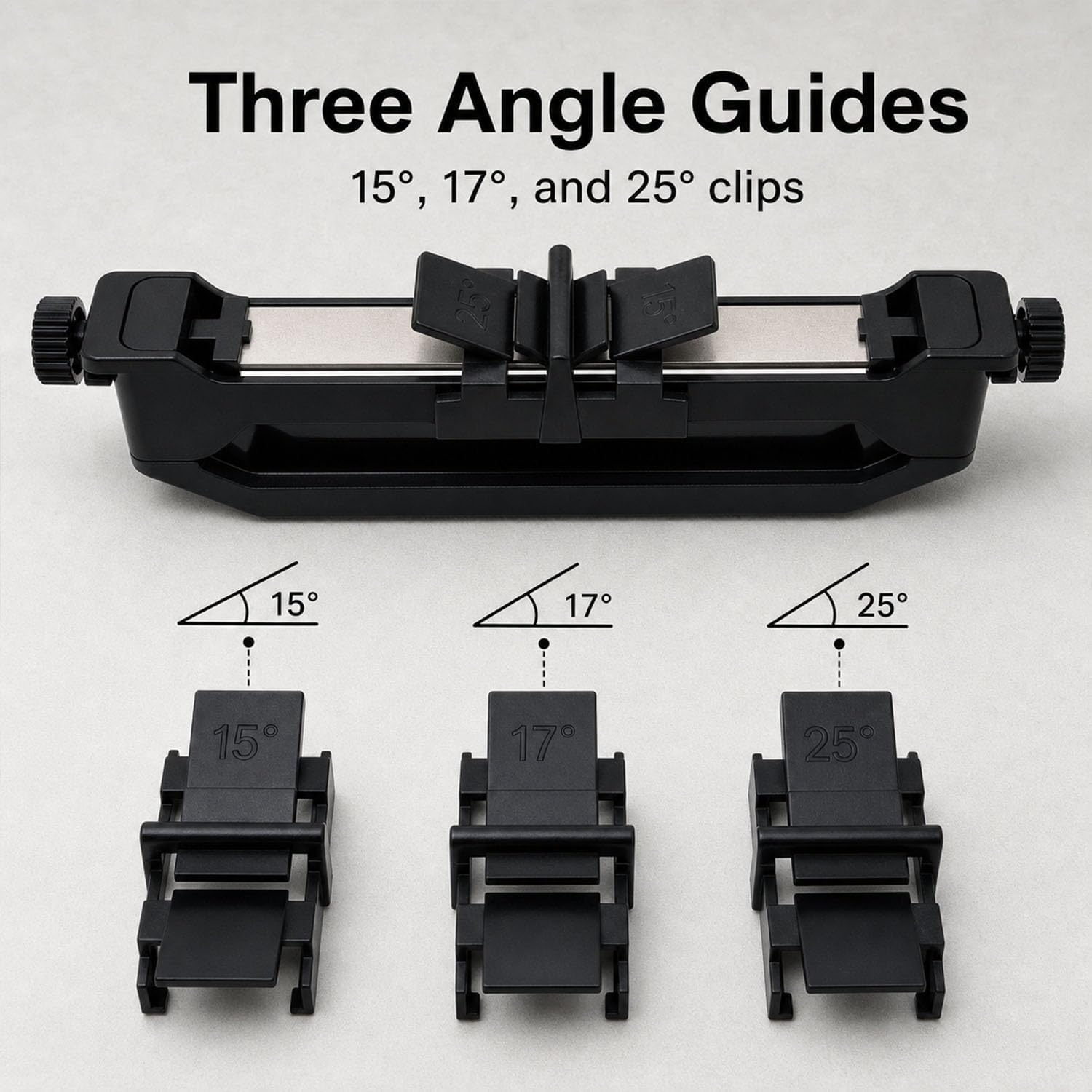 Close-up of the knife sharpener showing the three angle guides (15, 17, 25 degrees) and how they attach
