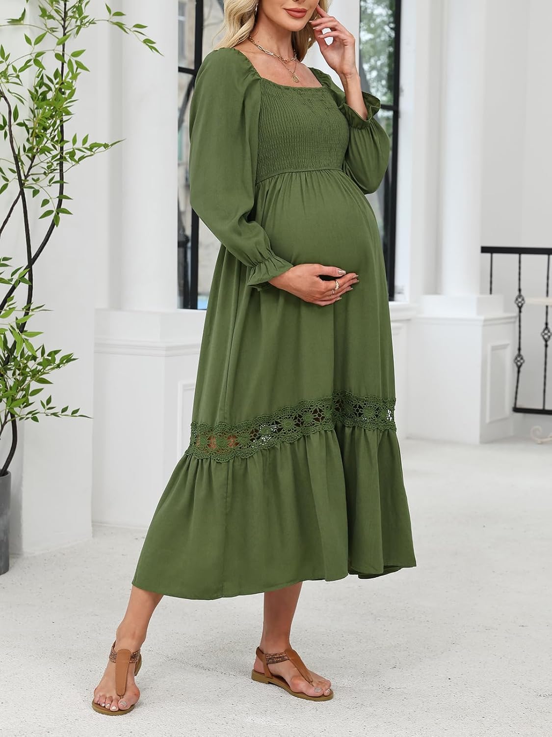CUPSHE Women's Maternity Maxi Dresses Square Neck Smocked Baby Shower Long Sleeve Ruffled Fashion Casual Fall Pregnancy Dress - Image 2