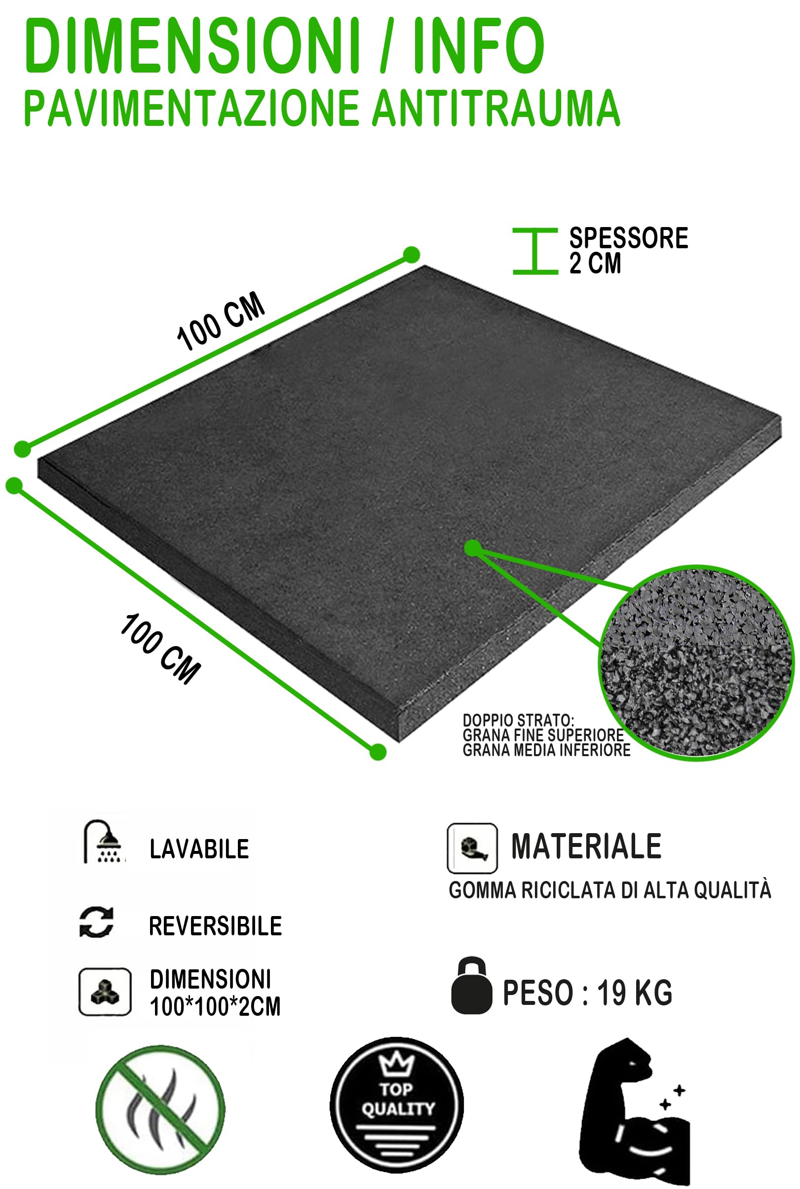 Revêtement de sol en caoutchouc recyclé 100 x 100 cm épaisseur 2 cm et 0,8 cm pour gymnases et zones de remise en forme