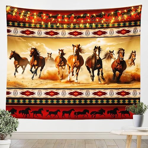 Tapiz de caballos, tapices aztecas nativos del suroeste, granja, vida silvestre, arte de pared, arte de pared de geometría tribal india, tamaño